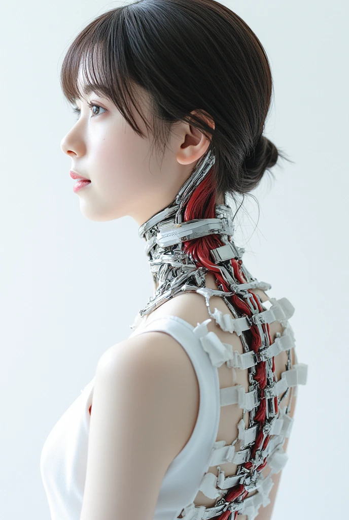 ((((masterpiece))), ((best quality))), ((ultra-detailed)), (CG illustration), ((an extremely delicate and beautiful)),(from side),cinematic light, ((1 mechanical girl)), single, full-body, (machine-made joint: 1.2), ( (mechanical limbs)), (blood vessels connected to tubes), (mechanical spine connected to back), ((mechanical cervical vertebrae attached to neck)), (sitting), forced laughter, (wires and cables around the neck: 1.2), (wires and cables on the head: 1.2) (character focus), sci-fi, extremely thin, colored, the finest white hair, red eyes, in battle, (knotted), (killing), (1 immortal)