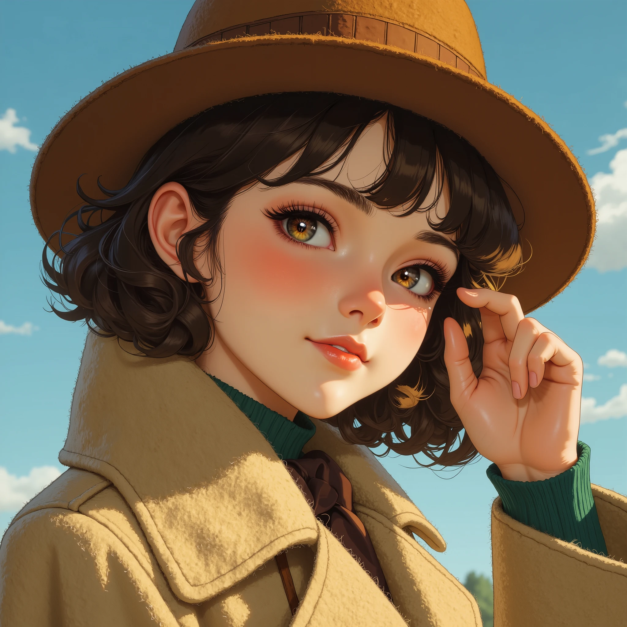 1girl,portrait、,(( wool felt hat)) ,.. Rough textured felt fabric.very thick felt fabric hat.,focus hat,Woman wearing wool felt hat. Wool fine texture. hand.Smiling face. Wool felt coat.A profile. Side eyes.smiling at viewer,anime art,modernretroanime
Anime,. Mature woman. Sharp-eyed woman.
