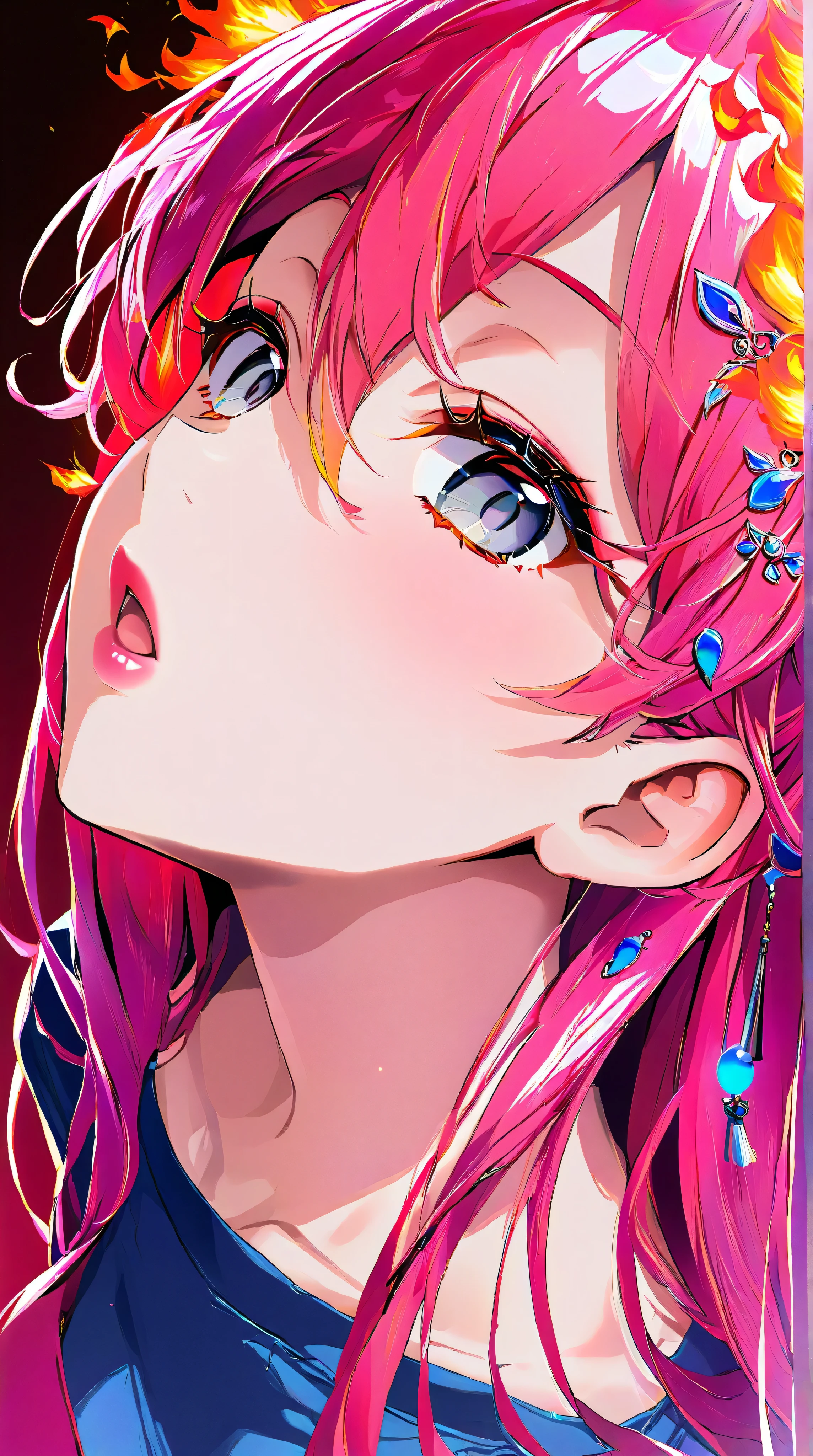 Woman, with very long curly red hair, with gray eyes, she is wearing a tube top and jeans, wears hair decoration, has big , she has pretty pink lips, shiny skin, jewelry, shiny skin, big breasts, cleavage, no background, blue background, red background, sexy, submissive, shy, heavy blushing,