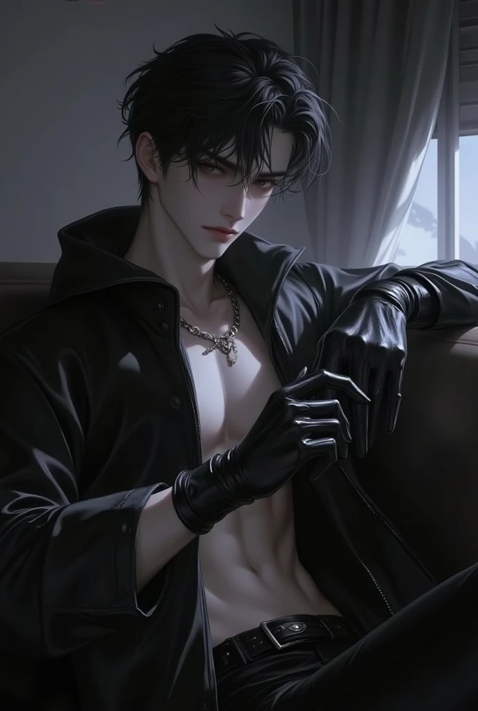 Man in black shirt, male model, handsome male face, attractive man, square jaw line, man with black hair and blue eyes, man wearing black leather gloves, man lying on his back in bed, Full body shot