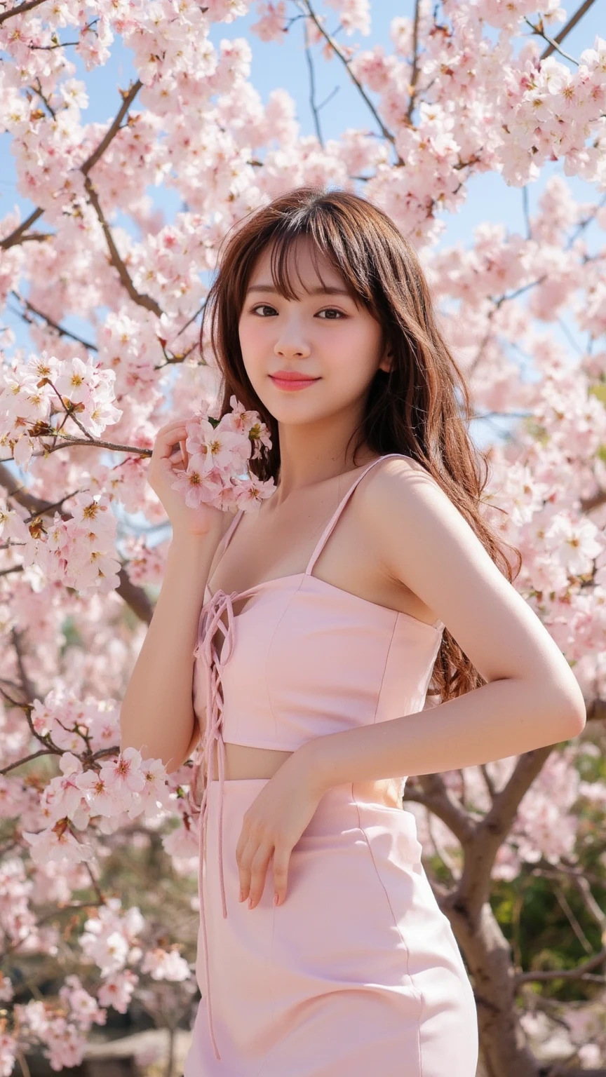 (best quality,4k,8k,highres,masterpiece:1.2),ultra-detailed,realistic,portrait:1.37,subtle colors,soft lighting,((The girl who is skipping)), a strong wind blows and peeks inside her skirt rolled up, she holds her skirt down in a panic, garden scenery,beautiful detailed eyes,beautiful detailed lips,shy smile,fresh and vibrant spring flowers,golden sunlight filtering through the trees,gentle breeze rustling the leaves,pink cherry blossoms blooming,playful and innocent expression,dappled light illuminating the girl's face,long flowing hair,slender figure,grass tickling the girl's feet,peaceful atmosphere,delicate brushstrokes,impressionistic style,subtle shades of green and pink,Obscene and sensational composition,palettes of pastels and warm tones,faint aroma of flowers in the air, ((very low angle)), Full body wide back shot, waist focus