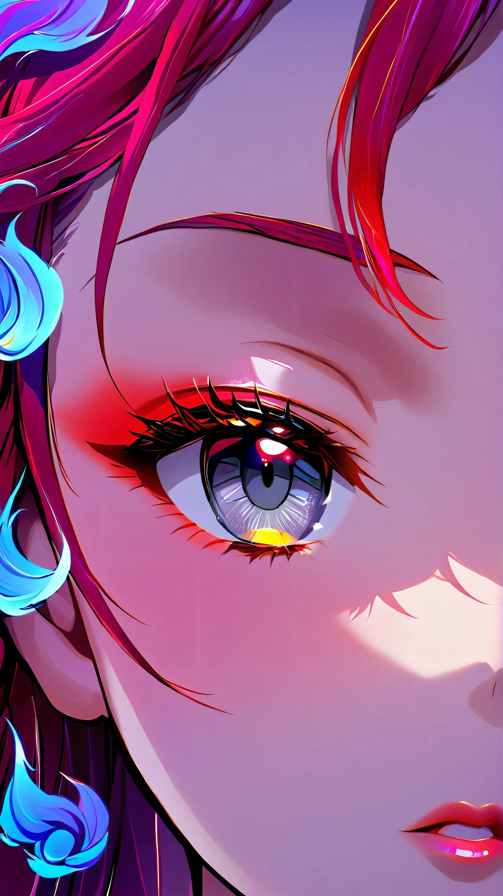 Woman, with very long curly red hair, with gray eyes, she is wearing a tube top and jeans, wears hair decoration, has big , she has pretty pink lips, shiny skin, jewelry, shiny skin, big breasts, cleavage, no background, blue background, red background, sexy, submissive, shy, heavy blushing, 
