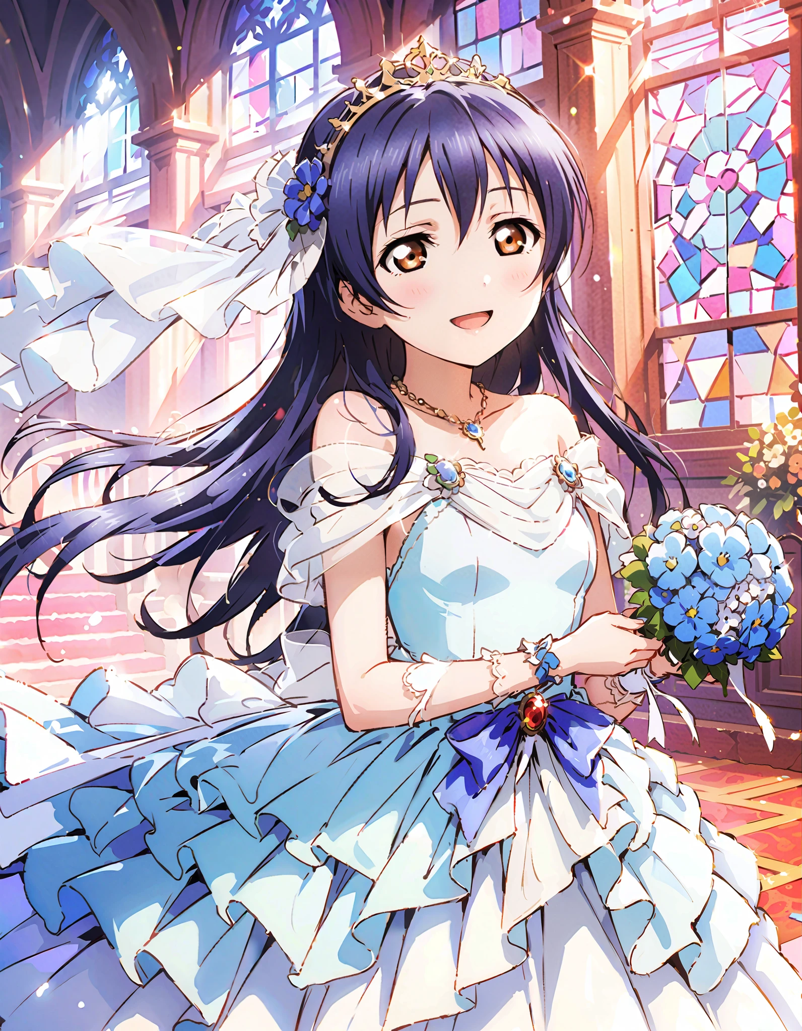 Umi Sonoda , long hair, bangs, brown eyes, lantern,smile,, open your mouth , off shoulder wedding dress, wedding long skirt with a bouquet of flowers in both hands, Veil, tiara , necklaces,bouquet, Blue Flower, standing, Stained Glass ,full bodyが eye drop illustrationに入るように, break indoors, Chapel,church,
break looking at viewer,full body,
break ( masterpiece:1.2), top quality, oconnor , Unity 8k wallpaper, ( eye drop illustration:0.8), ( shape so that my whole body fits into an illustration with my eyes lowered :1.6), very beautiful faces , perfect lighting , very detailed CG , ( perfect hands, Completely-Wide),