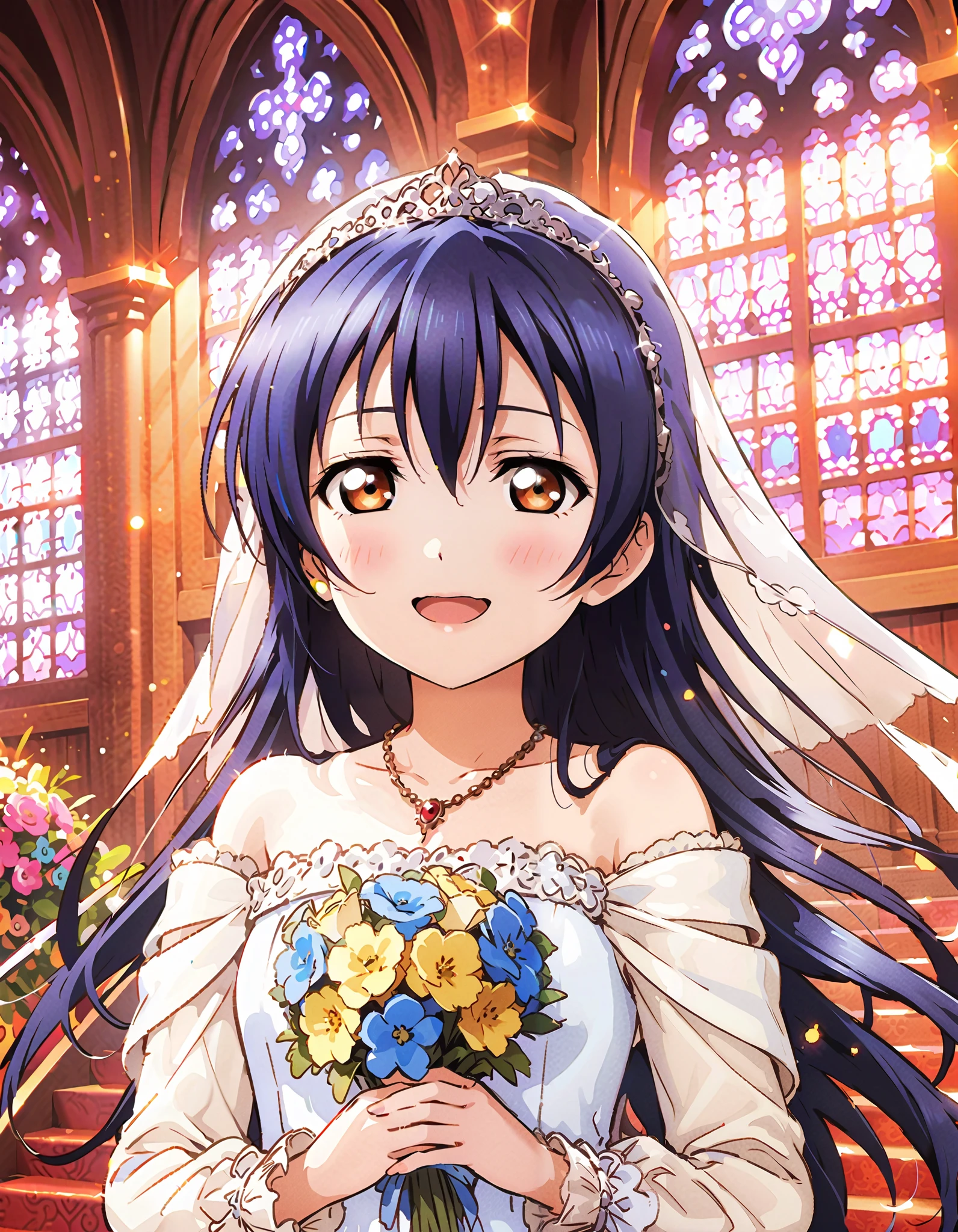 Umi Sonoda , long hair, bangs, brown eyes, lantern,smile,, open your mouth , off shoulder wedding dress, wedding long skirt with a bouquet of flowers in both hands, Veil, tiara , necklaces,bouquet, Blue Flower, standing, Stained Glass ,full bodyが eye drop illustrationに入るように, break indoors, Chapel,church,
break looking at viewer,full body,
break ( masterpiece:1.2), top quality, oconnor , Unity 8k wallpaper, ( eye drop illustration:0.8), ( shape so that my whole body fits into an illustration with my eyes lowered :1.6), very beautiful faces , perfect lighting , very detailed CG , ( perfect hands, Completely-Wide),