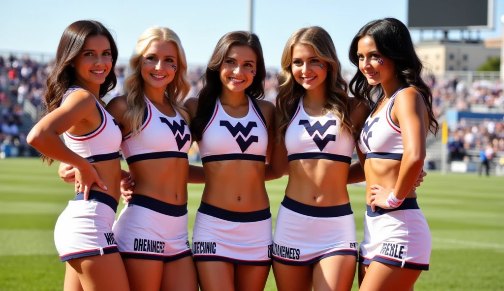 outfit , Five cheerleaders , A row of American students (cheerleaders) soccer cheerleaders in an American uniform from California agers on a field waiting for you , mischievous smile bra , one of them winks an accomplice eye while the others follow the roll is the captain (HDR-10, Photorealistic :1.2), the best quality, health-looking full coat , dynamic angle , the best quality, disguise looking at the spectator, sfw, perfect face , a blonde with blue eyes and another brown eyes another Asian (Japanese) with black eyes and black hair and two with black skin and hazel and brown eyes , very sexy and hot . Blondes are American (2) , a Southern ( from the southern United States ) and both of dark skin are of South African and Cuban descent (latinas).
Different colors of black and white skin , hair of different colors , Different hairstyles , slanted eyes nose mouth , lips painted red . ( full breasts:1.3), big ass, small marked waist . looking at the camera .