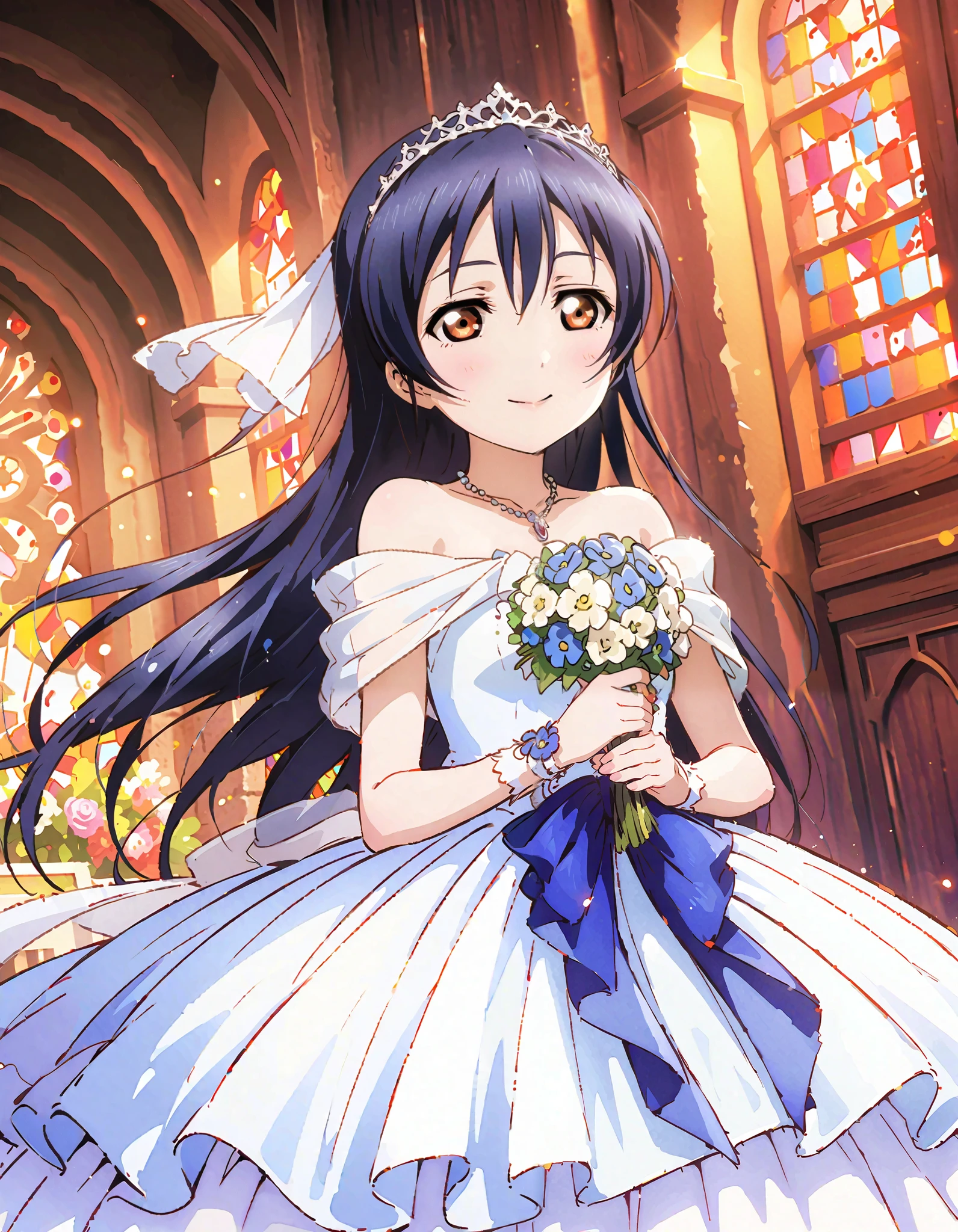 Umi Sonoda , long hair, bangs, brown eyes, lantern,smile,, open your mouth , off shoulder wedding dress, wedding long skirt with a bouquet of flowers in both hands, Veil, tiara , necklaces,bouquet, Blue Flower, standing, Stained Glass ,full bodyが eye drop illustrationに入るように, break indoors, Chapel,church,
break looking at viewer,full body,
break ( masterpiece:1.2), top quality, oconnor , Unity 8k wallpaper, ( eye drop illustration:0.8), ( shape so that my whole body fits into an illustration with my eyes lowered :1.6), very beautiful faces , perfect lighting , very detailed CG , ( perfect hands, Completely-Wide),