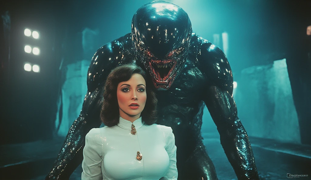film noir aesthetics, photography BREAK Surreal aesthetics, wide shot of a beautiful Kauaian female detective (curvy and busty:1.45) investigates a mysterious cult that worships Cthulhu. She finds an energy portal to another dimension where faces the horror of Cthulhu himself. She has a horrified expression. (A massive tentacled creature with eyes that glow with an evil and its mouth is full of sharp teeth:1.1). Monster, Kthulu, tentacles, two tone lighting, dim lit, foggy, raincoat, cleavage, muted colors, hazy, vintage, analog style