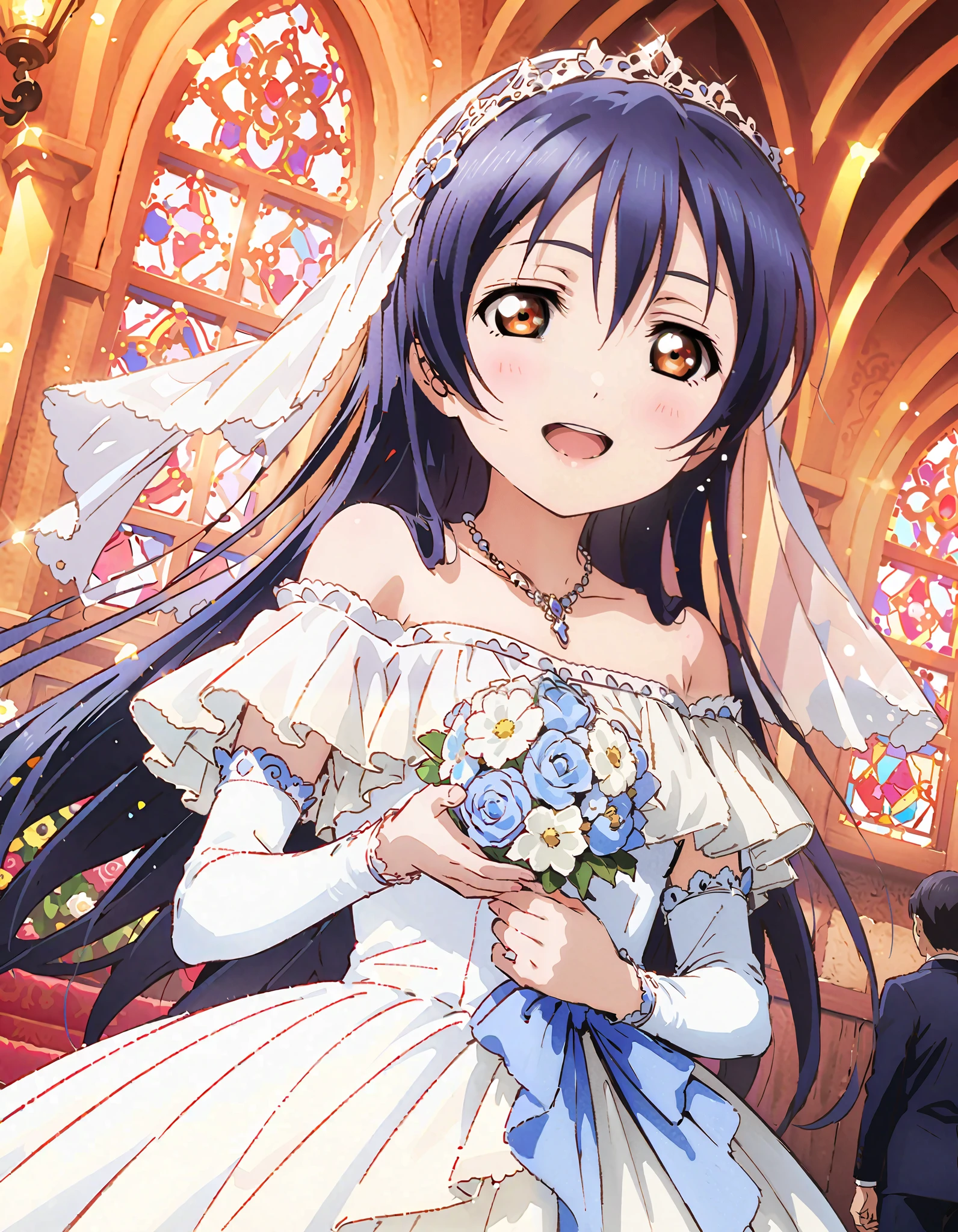 Umi Sonoda , long hair, bangs, brown eyes, lantern,smile,, open your mouth , off shoulder wedding dress, wedding long skirt with a bouquet of flowers in both hands, Veil, tiara , necklaces,bouquet, Blue Flower, standing, Stained Glass ,full bodyが eye drop illustrationに入るように, break indoors, Chapel,church,
break looking at viewer,full body,
break ( masterpiece:1.2), top quality, oconnor , Unity 8k wallpaper, ( eye drop illustration:0.8), ( shape so that my whole body fits into an illustration with my eyes lowered :1.6), very beautiful faces , perfect lighting , very detailed CG , ( perfect hands, Completely-Wide),