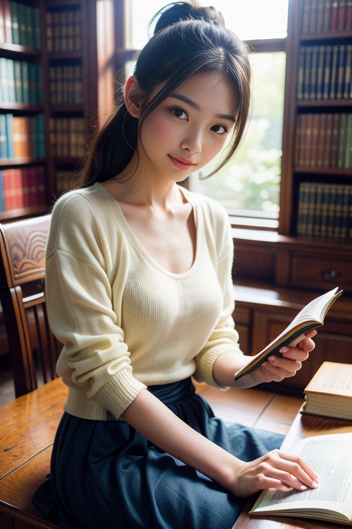 Very young Japanese woman reading a book in a cafe,Firm breasts,Chest close up,White short-sleeved turtleneck knit,Big breasts,Black Hair,Long Hair,Soft lips,Fine skin,(Glowing Skin),(masterpiece:1.4),(highest quality:1.4),Yoshitomo Nara,mayuri shiina, Beautiful Japanese girl face,Beautiful Asian Girl, yasumoto oka,Photo taken from the side of the cafe