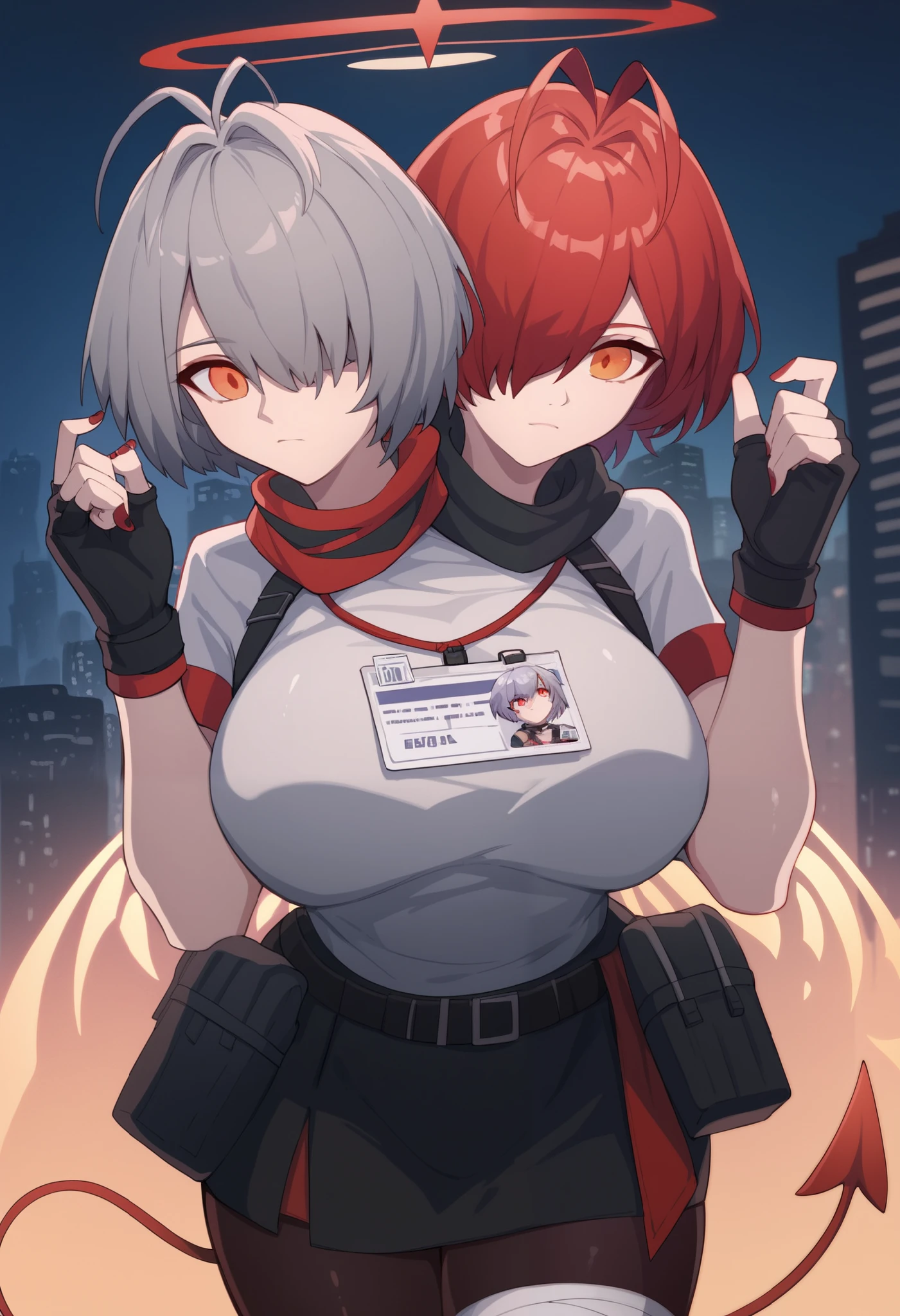 conjoined, 2girls, 2heads, two heads, a tall thin girls with 2 heads, conjoined, exidef, detached wings, energy wings, short hair, red hair, hair over one eye, halo, orange eyes, white jacket, id card, black belt, belt pouch, short sleeves, raglan sleeves, black gloves, fingerless gloves, black skirt, miniskirt, black pantyhose, red hair, w_\(arknights\), red eyes, short hair, grey hair, demon horns, antenna hair, black scarf, black jacket, grey shirt, miniskirt, fingerless gloves, black pantyhose, bandaged leg, red nails, demon tail, large breasts, front shots, city, night,