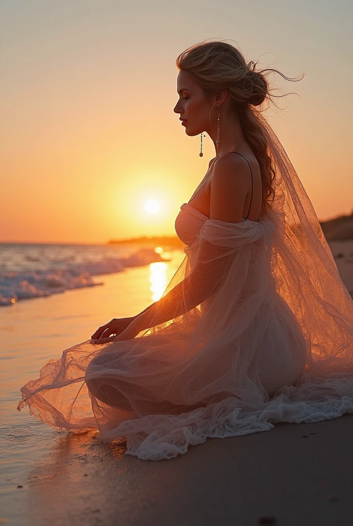 A woman with a naked, pale pink body, with candles flowing on her, lying on the beach