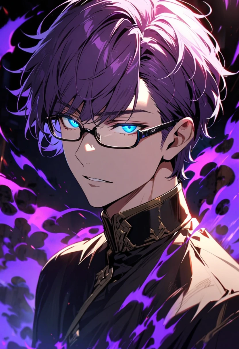 male, solo, handsome, light purple hair, beautiful color, short hair, blue eyes, glasses, gorgeous background, dark blue aura, glowing eyes, floating blue gemstone, floating purple warrior, short hair, half eyes, villian, creepy eyes