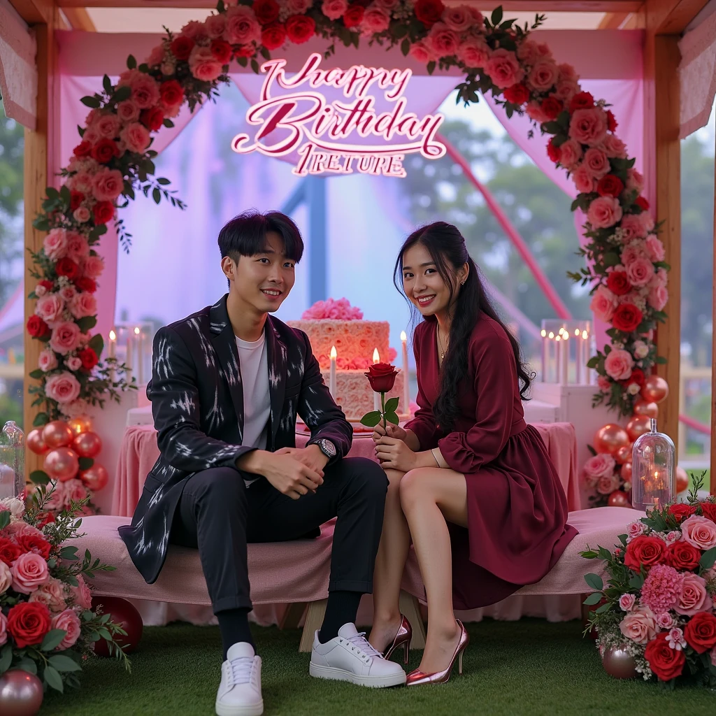 Birthday party in a woman and boy ,a wearing dress purple, smile,cake birthday font RIANI
