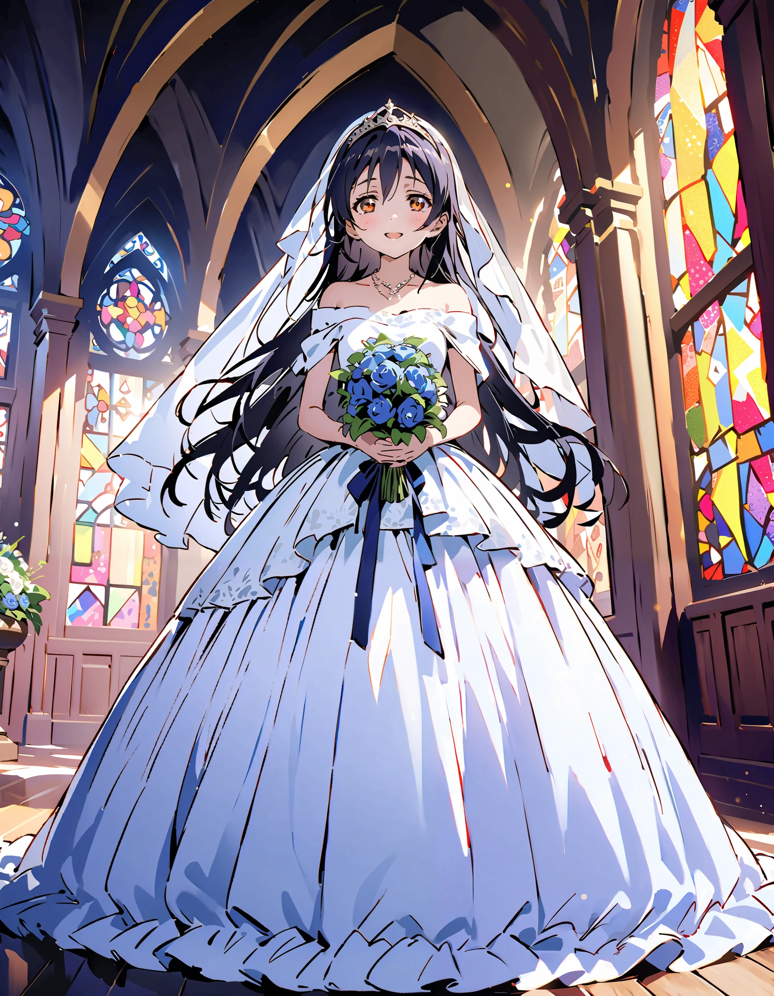 Umi Sonoda , long hair, bangs, brown eyes, lantern,smile,, open your mouth , off shoulder wedding dress, wedding long skirt with a bouquet of flowers in both hands, Veil, tiara , necklaces,bouquet, Blue Flower, standing, Stained Glass ,full bodyが eye drop illustrationに入るように, break indoors, Chapel,church,
break looking at viewer,full body,
break ( masterpiece:1.2), top quality, oconnor , Unity 8k wallpaper, ( eye drop illustration:0.8), ( shape so that my whole body fits into an illustration with my eyes lowered :1.6), very beautiful faces , perfect lighting , very detailed CG , ( perfect hands, Completely-Wide),