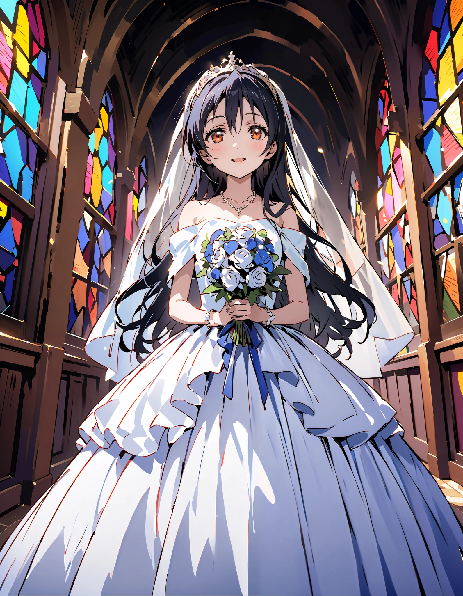 Umi Sonoda , long hair, bangs, brown eyes, lantern,smile,, open your mouth , off shoulder wedding dress, wedding long skirt with a bouquet of flowers in both hands, Veil, tiara , necklaces,bouquet, Blue Flower, standing, Stained Glass ,full bodyが eye drop illustrationに入るように, break indoors, Chapel,church,
break looking at viewer,full body,
break ( masterpiece:1.2), top quality, oconnor , Unity 8k wallpaper, ( eye drop illustration:0.8), ( shape so that my whole body fits into an illustration with my eyes lowered :1.6), very beautiful faces , perfect lighting , very detailed CG , ( perfect hands, Completely-Wide),