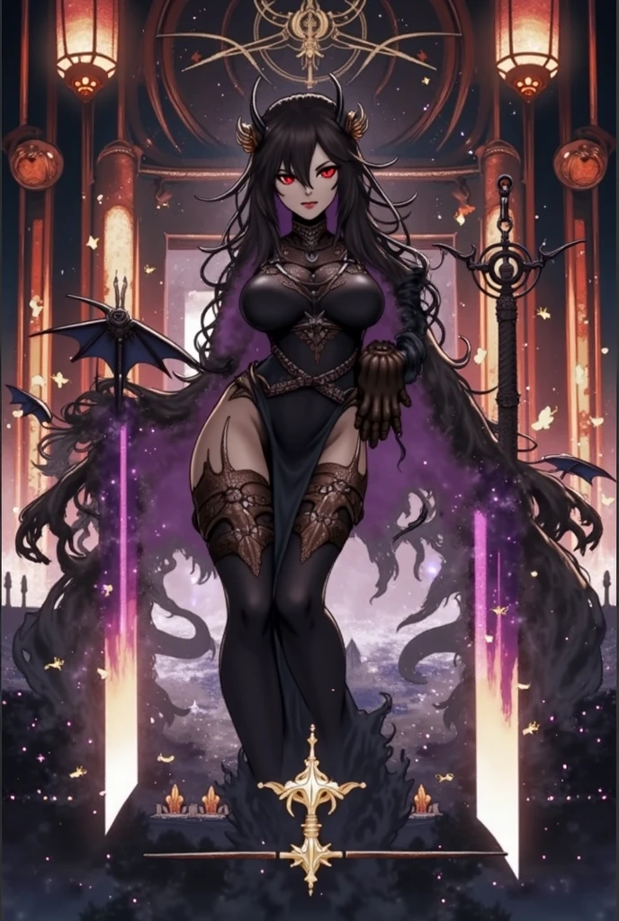 Full body portrait of a young woman with pale skin, long black hair, green eyes, slender figure, large breasts, wearing a black bikini beneath a transparent black mesh minidress.