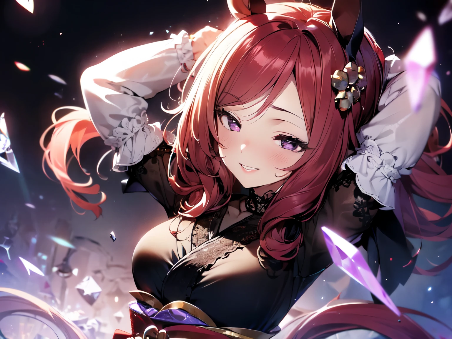 (Solo), ((Mature woman with horse ears and tail)), (((Sleeping with arms behind head))). Provocative look, big smile. Showing teeth. Staring into the camera below. Long bangs, thick long eyebrows, long hair and ponytail blowing in the wind, (((Red hair, purple eyes))), pink lipstick, blusher, ((Crimson high neck kimono dress, black pantyhose, skirt, see-through sleeves, black lace panties)). ((Crystals on dark background, crystal ground, crystal world)). ((Upper body close-up from head to torso, focus on breasts)), (Full Anatomy, UHD, Retina, Masterpiece, Accurate, Anatomically Correct, Ultra Detailed, High Quality, Award Winning, Top Quality, High Resolution, 16k)