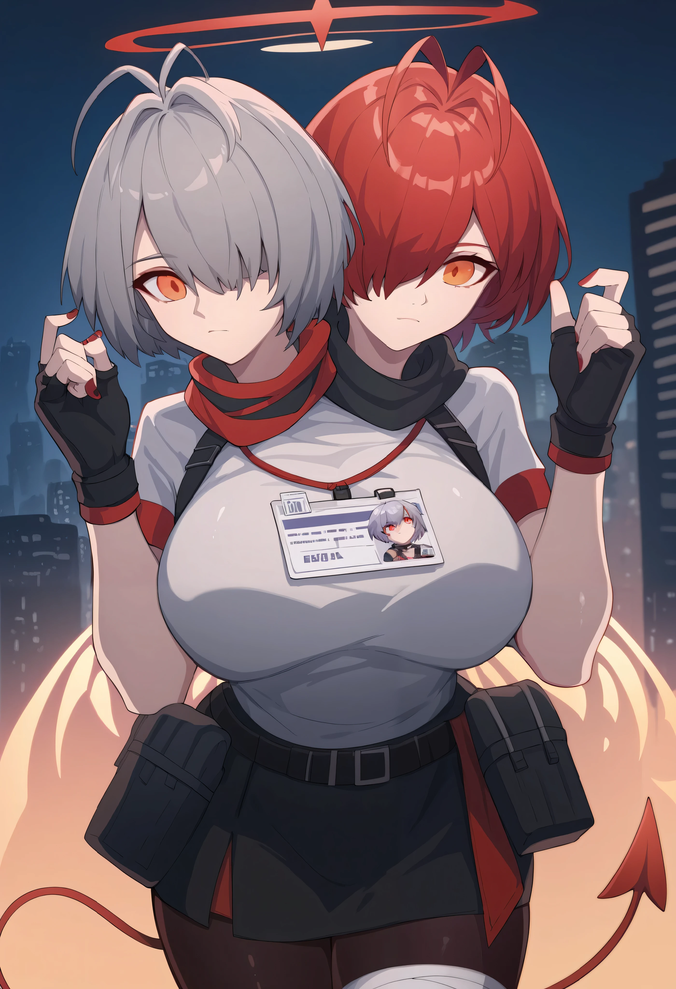 conjoined, 2girls, 2heads, two heads, a tall thin girls with 2 heads, conjoined, exidef, detached wings, energy wings, short hair, red hair, hair over one eye, halo, orange eyes, white jacket, id card, black belt, belt pouch, short sleeves, raglan sleeves, black gloves, fingerless gloves, black skirt, miniskirt, black pantyhose, red hair, w_\(arknights\), red eyes, short hair, grey hair, demon horns, antenna hair, black scarf, black jacket, grey shirt, miniskirt, fingerless gloves, black pantyhose, bandaged leg, red nails, demon tail, large breasts, front shots, city, night,