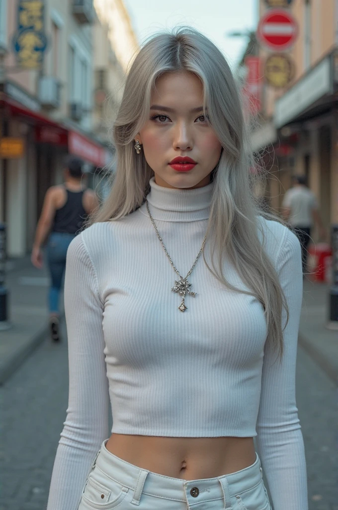 Beautiful girl with white skin, light gray hair, with bright shining eyes, Shiny skin, beautiful black manicure, Beautiful nails, pearl skin, In a black dress, beautifully detailed fingers, professional photo, 4K, a high resolution, high detail, realistic, looks straight, is sitting, Against the backdrop of St. Petersburg, evening, modest