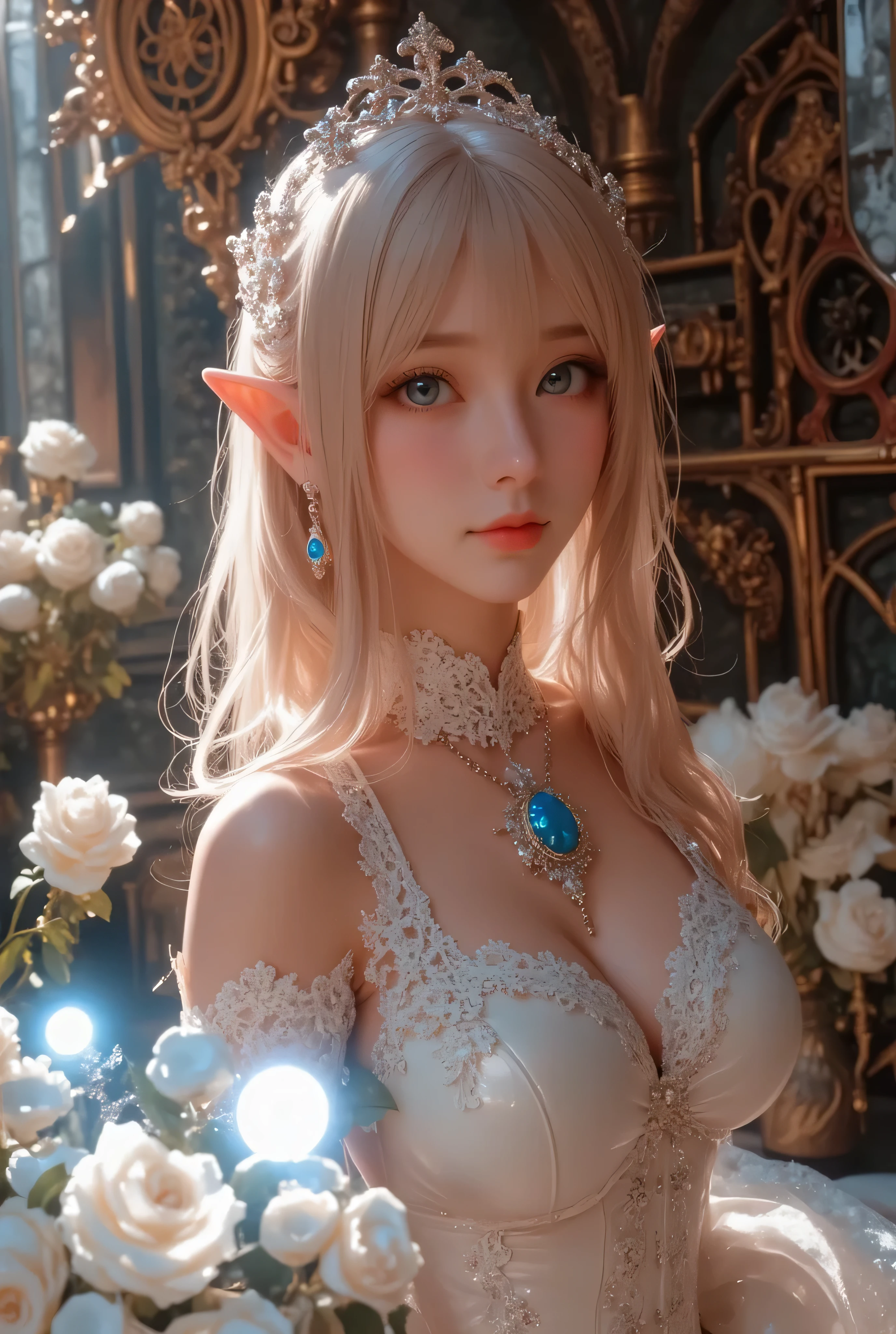 There are 3D images of women with very large breasts。, (((gone crazy))) Elf Princess, Highly detailed characters, Ultra-detailed fantasy characters, Pale milky porcelain skin, Elf Princess, Elf Girl, elven character with smirk, April Rendering, Pale, porcelain-white skin, In a dress, Perfect body with realistic shading, Female Elf, Elf in the Center