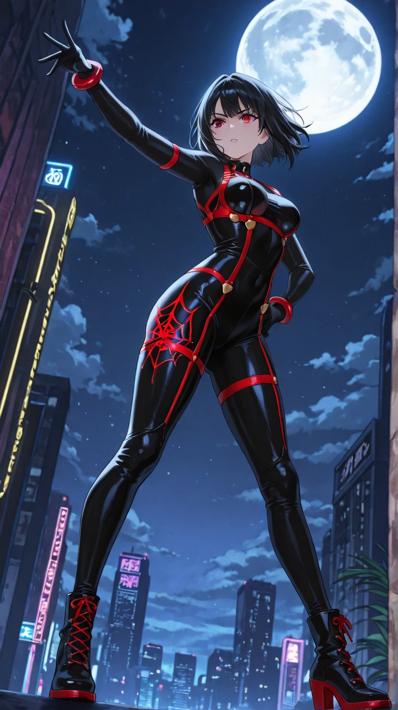 Female, vampire Black tight bodysuit, black hair, medium hair, straight hair, medium breasts, black boots, slim figure, vampire teeth, fangs, brown eyes, hungry eyes look, night city Rooftop background