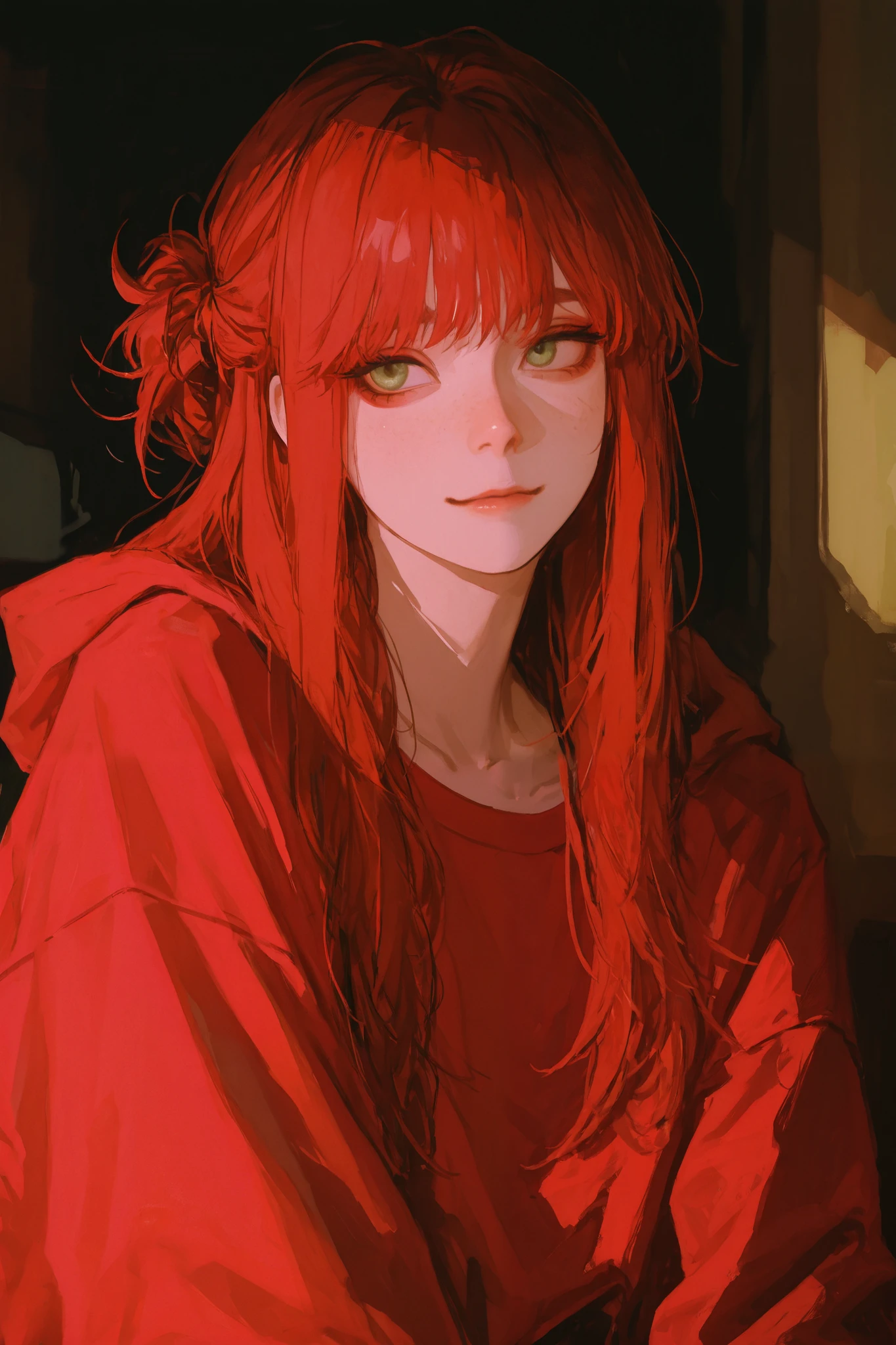 A stylized anime (semi realism) illustration of a Chinese character. Has a East Asian features, with slightly upturned, expressive green eyes, a defined jawline, and a slightly high-bridged nose. Their hair red, but dusty (and rosey) kind of red, long hair in a messy tousled hairstyle for a casual look. They have a fair to light yellowish skin complexion with a warm undertone. The art style is detailed, inspired by modern semi realism (but anime) aesthetics, with smooth shading and expressive facial details. This character is a boy. Has soft face features.