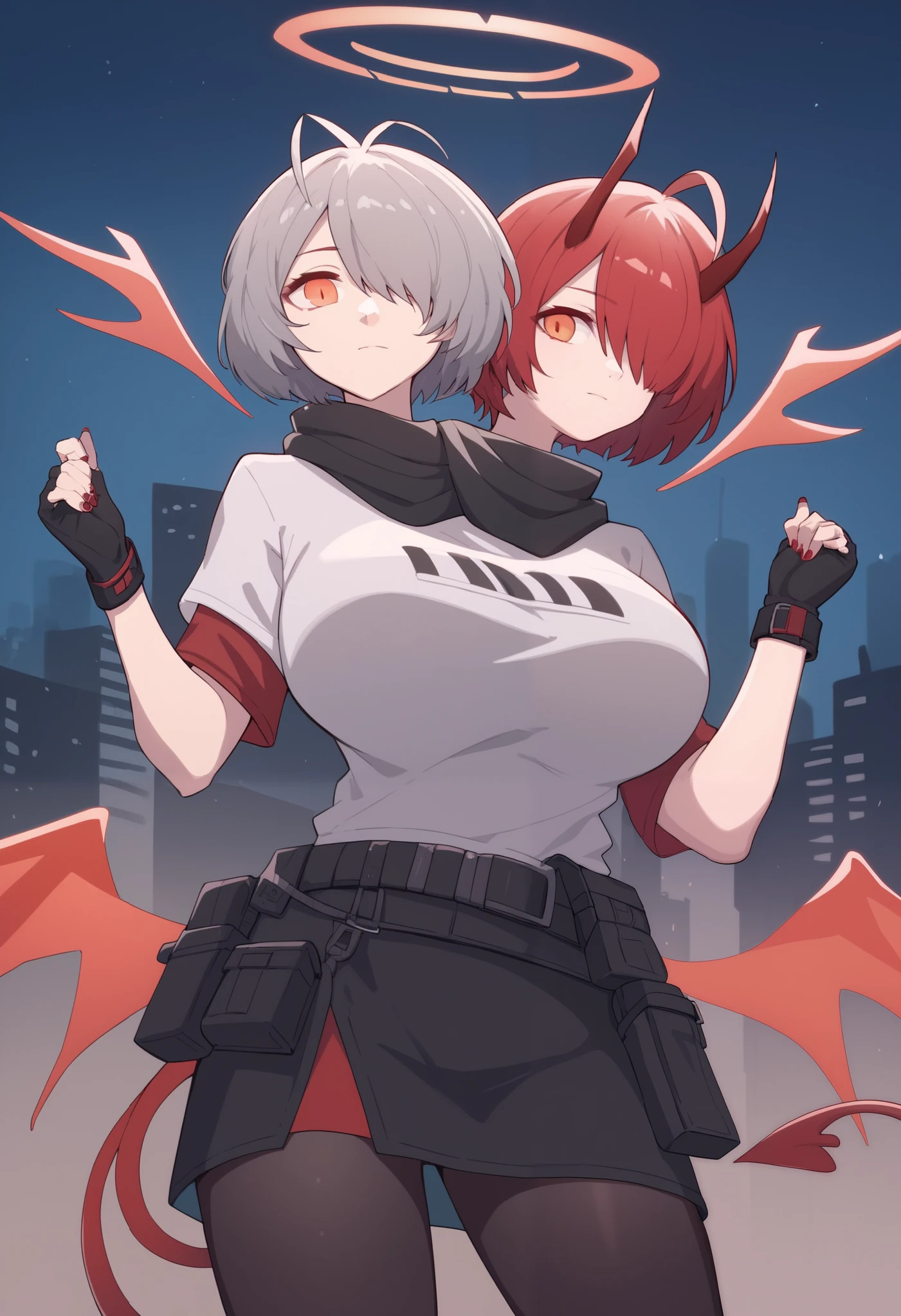 conjoined, 2girls, 2heads, two heads, a tall thin girls with 2 heads, conjoined, exidef, detached wings, energy wings, short hair, red hair, hair over one eye, halo, orange eyes, white jacket, black belt, belt pouch, short sleeves, raglan sleeves, black gloves, fingerless gloves, black skirt, miniskirt, black pantyhose, red hair, w_\(arknights\), red eyes, short hair, grey hair, demon horns, antenna hair, black scarf, black jacket, grey shirt, miniskirt, fingerless gloves, black pantyhose, bandaged leg, red nails, demon tail, large breasts, front shots, city, night,