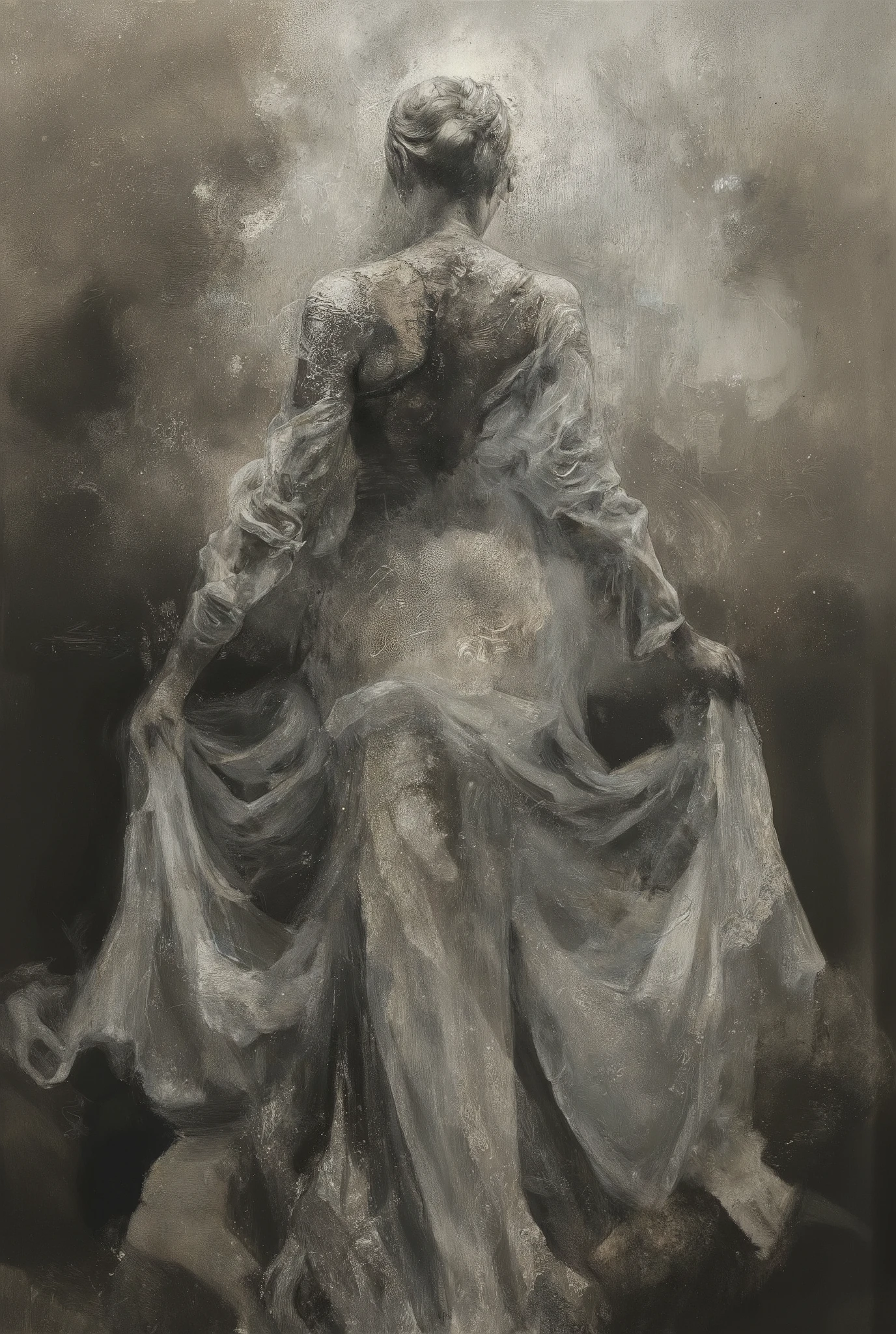 A hauntingly beautiful comic book illustration by Greg Rutkowski. A captivating woman, shrouded in mystery, stands amidst a swirling fog, her velvety abyss-like form seemingly absorbing the surrounding light. Her enigmatic presence radiates an aura of foreboding and intrigue, drawing the viewer in with its dark allure. Chiaroscuro techniques emphasize textures and dimensions. Impasto effects add tactile depth to the subject's worn features. Faded yet powerful, this 8K masterpiece by a master artist (think Will Eisner or Katsushiro Otomo) commands attention with its ultrasharp focus.