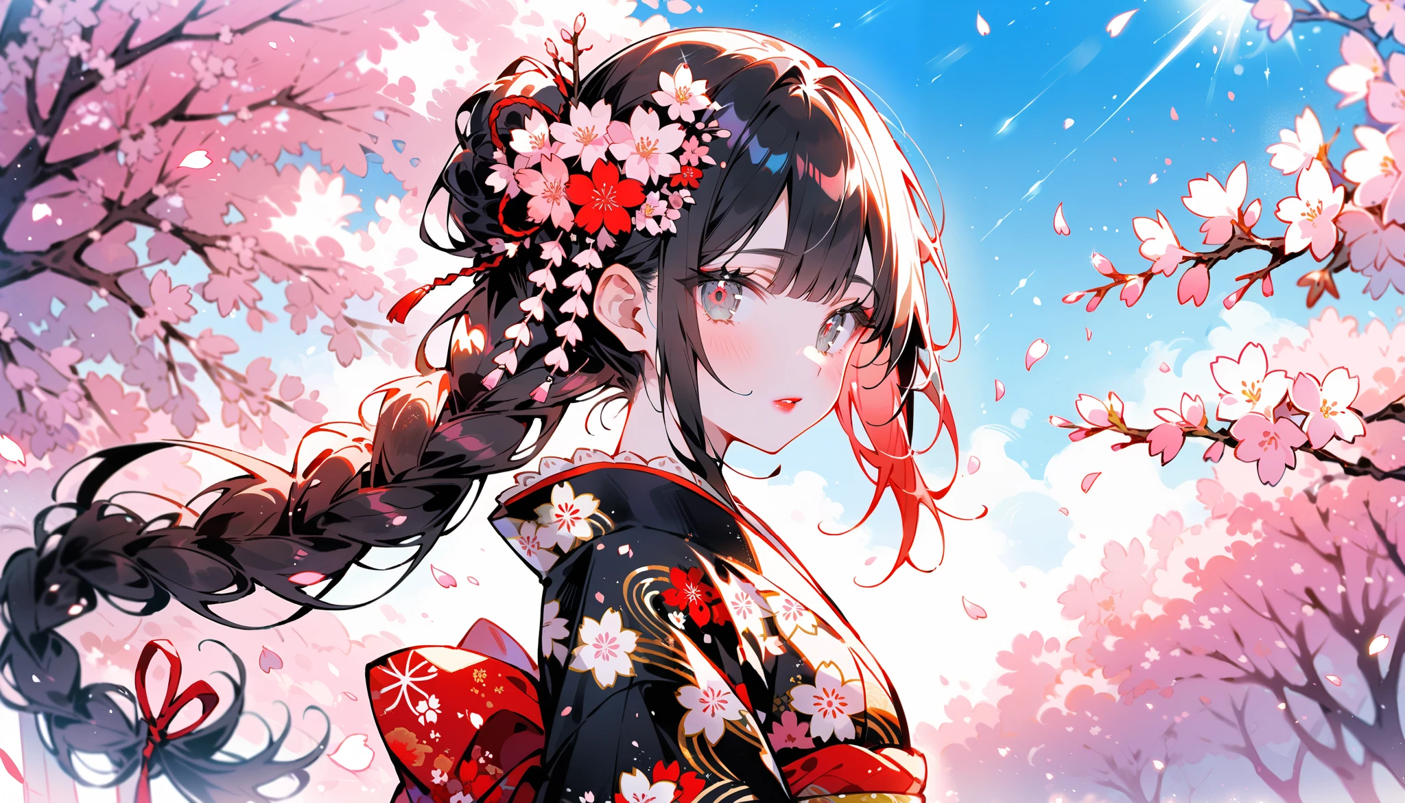 Prompt ultra detailed,best quality,throbbing,kawaii,cute,manga style,1girl, solo, kimono, japanese clothes, looking at viewer, black hair, braid hair,upper body, black kimono, sash, hair ornament, obi, red eyes, hair flower, print kimono, long sleeves, long hair, red lips, floral print, grey eyes,,beautiful detailed eyes, cherry blossom,sakura, lace trim, lace, makeup, from side, wide sleeves,Spring scenery, blue sky, cherry blossom petals, cherry blossom ,Glitter effect,high key lighting,high saturation,stylish ambiance,cinematic feel,depth of field,dreamy watercolorcinematic lighting,
