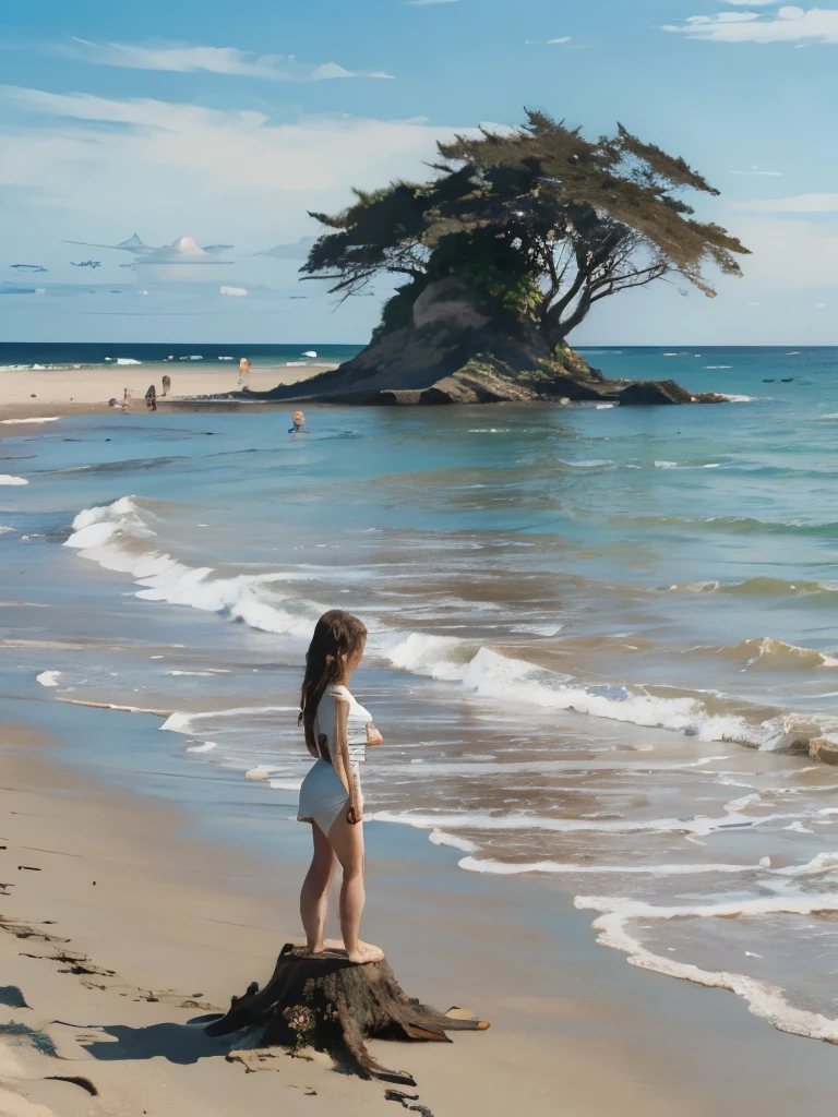 alone in the universe, Paint in watercolor style, Photorealism, discreet golden and ruby and mint shades, (nude) a gentle, modest thin girl of with tender nipples walks barefoot in the distance along the coast