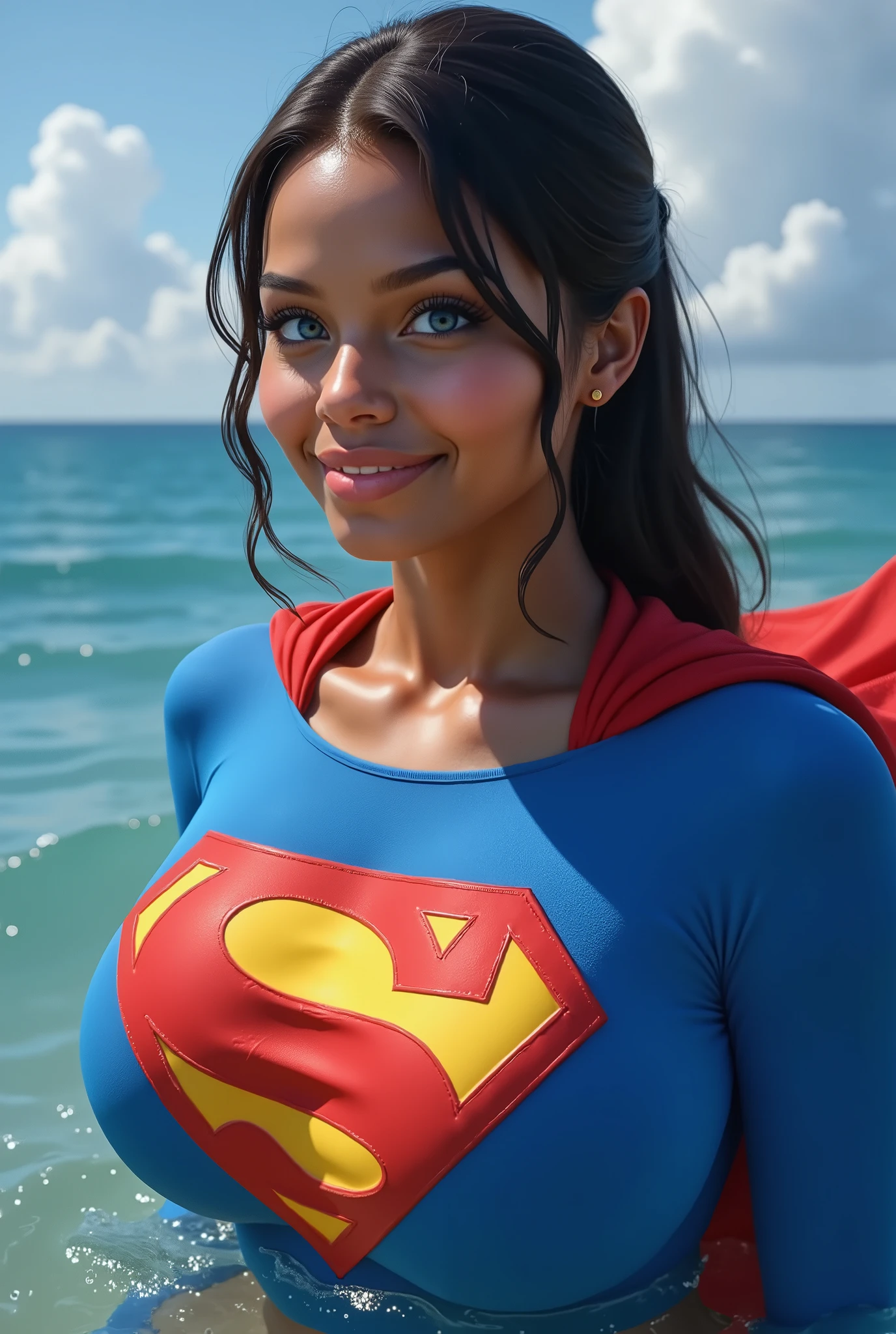 (SWIMMING IN THE OCEAN) SEXY BLACK AFRICAN 17-YEAR-OLD FEMALE AS SUPERMAN WITH BIG BLUE EYES. A stunning, highly detailed, and ultra-realistic portrait of a SEXY BLUE EYED I GIRL, proudly wearing the iconic RETRO 1980 SUPERMAN costume. The vibrant royal blue bodysuit shimmers under the soft natural lighting, adorned with a bold, raised red and yellow 'S' emblem on her chest, signifying her legacy as Superman’s daughter. A flowing red cape BILLOWING behind her, its silky texture catching the light, enhancing the depth of the image. Her long, jet-black hair is neatly pulled back into a sleek ponytail, revealing her striking blue eyes that radiate confidence and warmth. She has a bright, playful smile, showcasing her pearly white teeth, adding to her charismatic presence. Her skin appears flawless, glowing naturally, with soft highlights accentuating her features black hair, longeyelashes, solid circle eyes, 8k, super detail, best quality, highres, award winning, best quality, super detail, textured skin, UHD, retina masterpiece, best quality, high quality, extremely detailed CG unity 8k wallpaper, Depth of Field, HDR, bloom, Chromatic Aberration ,Photorealistic,extremely detailed, trending on artstation, trending on CGsociety, Intricate, High Detail, dramatic, art by midjourney, SWIMMING, CAPE SWIRLING IN THE WATER.