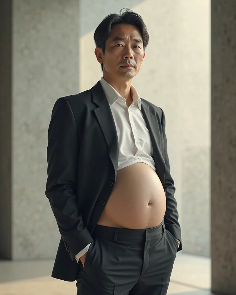 Fat, Chubby man in a white coat, Shirtless , take off Shirt, Asian 50 year old, eye glasses, Sitting on table Office room, book, cinematic composition, detailed facial features, realistic skin textures, high level of detail, 8k, cinematic lighting, photorealistic, Top view, Look up.