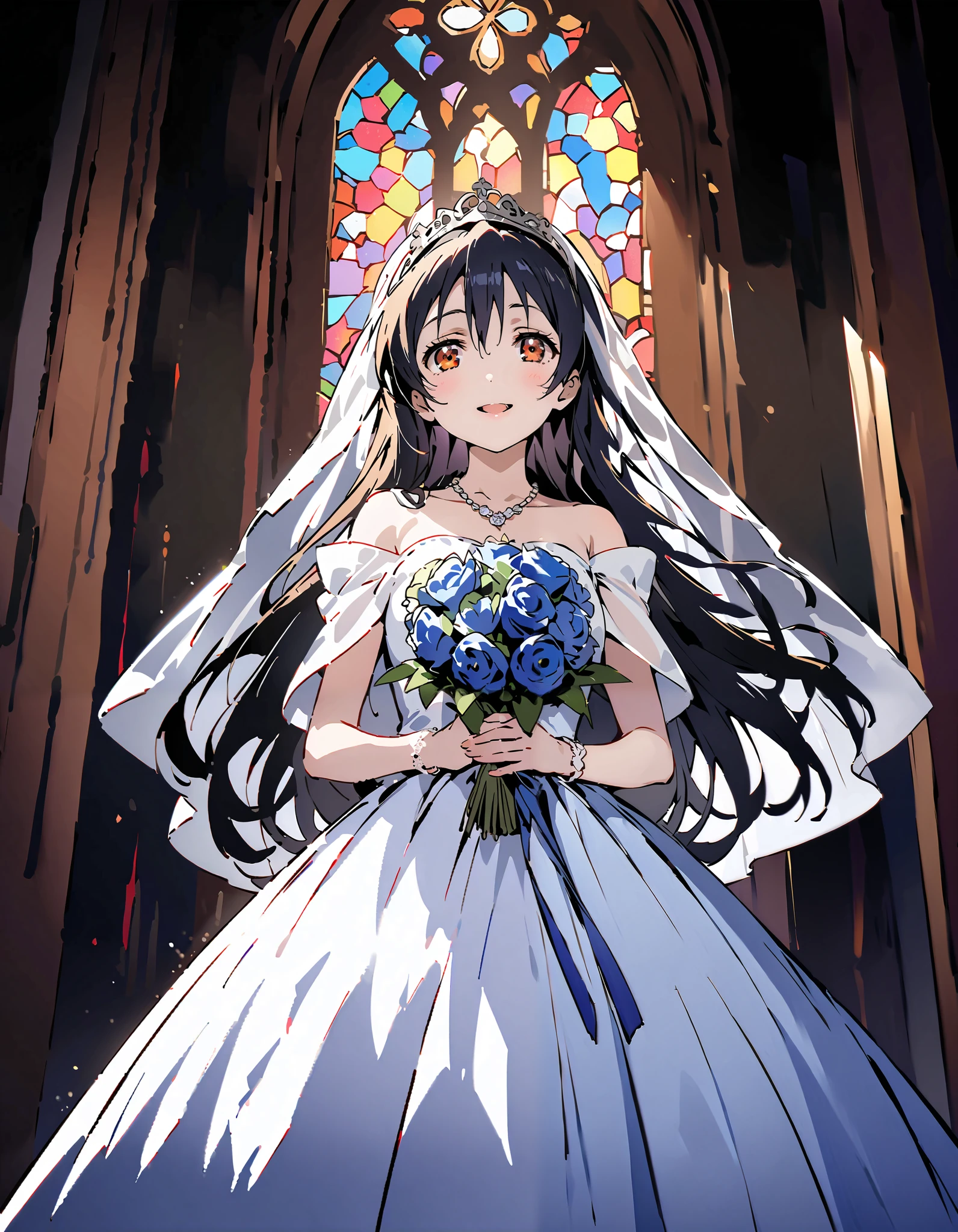 Umi Sonoda , long hair, bangs, brown eyes, lantern,smile,, open your mouth , off shoulder wedding dress, wedding long skirt with a bouquet of flowers in both hands, Veil, tiara , necklaces,bouquet, Blue Flower, standing, Stained Glass ,full bodyが eye drop illustrationに入るように, break indoors, Chapel,church,
break looking at viewer,full body,
break ( masterpiece:1.2), top quality, oconnor , Unity 8k wallpaper, ( eye drop illustration:0.8), ( shape so that my whole body fits into an illustration with my eyes lowered :1.6), very beautiful faces , perfect lighting , very detailed CG , ( perfect hands, Completely-Wide),