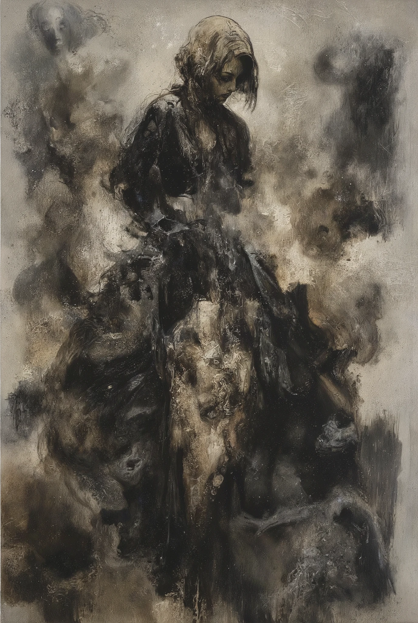 A hauntingly beautiful comic book illustration by Greg Rutkowski. A captivating woman, shrouded in mystery, stands amidst a swirling fog, her velvety abyss-like form seemingly absorbing the surrounding light. Her enigmatic presence radiates an aura of foreboding and intrigue, drawing the viewer in with its dark allure. Chiaroscuro techniques emphasize textures and dimensions. Impasto effects add tactile depth to the subject's worn features. Faded yet powerful, this 8K masterpiece by a master artist (think Will Eisner or Katsushiro Otomo) commands attention with its ultrasharp focus.
