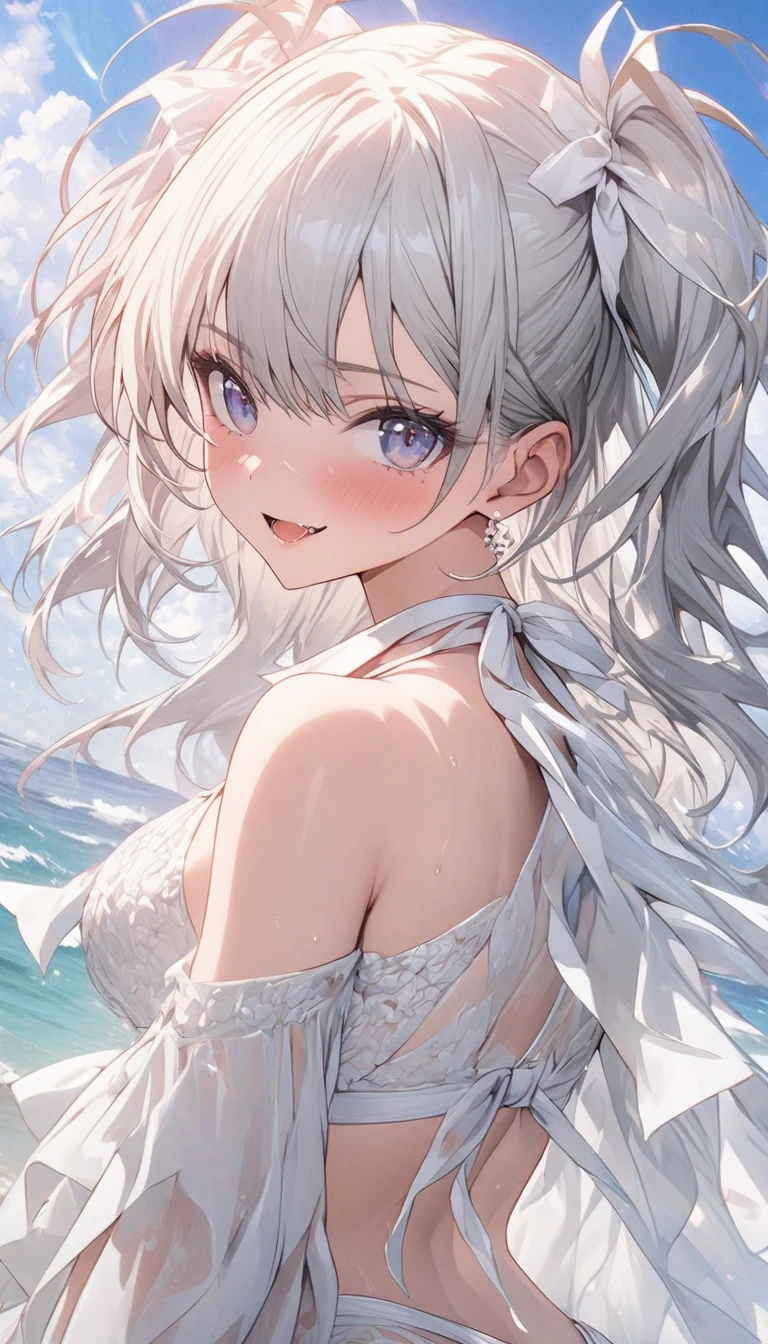 beautiful girl, long grey hair, beautiful face,smiling,close up to hips, beautiful breast, diving in the middle of lake, wearing beautiful wedding dress, (open mouth:0.4),illustration,detailed textures(realists),ultra-detailed,portrait style,vivid colors,soft lighting, blushing, mature, hair fluttering, evening light , head band, cleavages , no bras, side profile, slim and ((fit figure)), shy