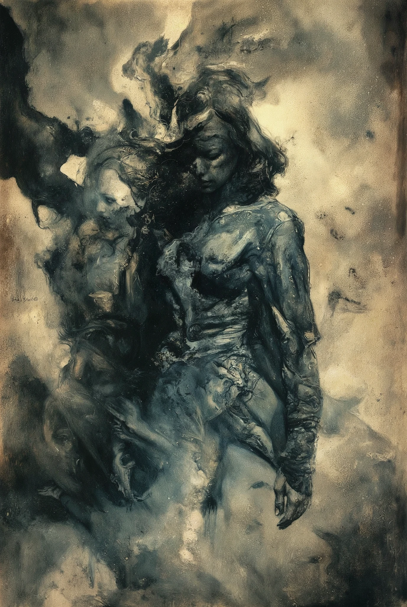 A hauntingly beautiful comic book illustration by Greg Rutkowski. A captivating woman, shrouded in mystery, stands amidst a swirling fog, her velvety abyss-like form seemingly absorbing the surrounding light. Her enigmatic presence radiates an aura of foreboding and intrigue, drawing the viewer in with its dark allure. Chiaroscuro techniques emphasize textures and dimensions. Impasto effects add tactile depth to the subject's worn features. Faded yet powerful, this 8K masterpiece by a master artist (think Will Eisner or Katsushiro Otomo) commands attention with its ultrasharp focus.