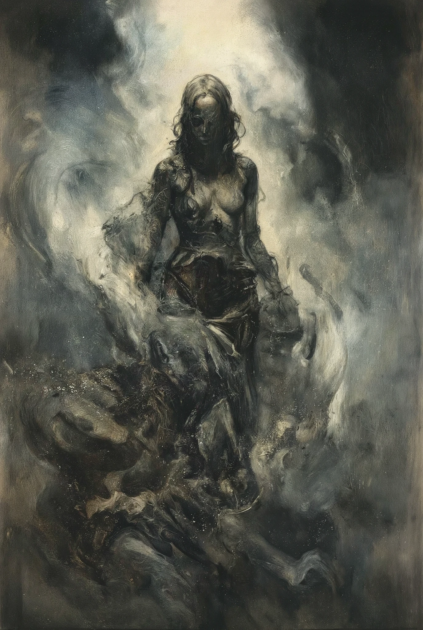A hauntingly beautiful comic book illustration by Greg Rutkowski. A captivating woman, shrouded in mystery, stands amidst a swirling fog, her velvety abyss-like form seemingly absorbing the surrounding light. Her enigmatic presence radiates an aura of foreboding and intrigue, drawing the viewer in with its dark allure. Chiaroscuro techniques emphasize textures and dimensions. Impasto effects add tactile depth to the subject's worn features. Faded yet powerful, this 8K masterpiece by a master artist (think Will Eisner or Katsushiro Otomo) commands attention with its ultrasharp focus.