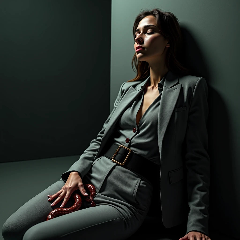 8K delicate perfect real 2D black long hair black eyes mature young woman wearing black suit, legs wearing black silk, delicate face, mature figure（Full body photo）Leaning against a white wall, looking ahead, his face is cold