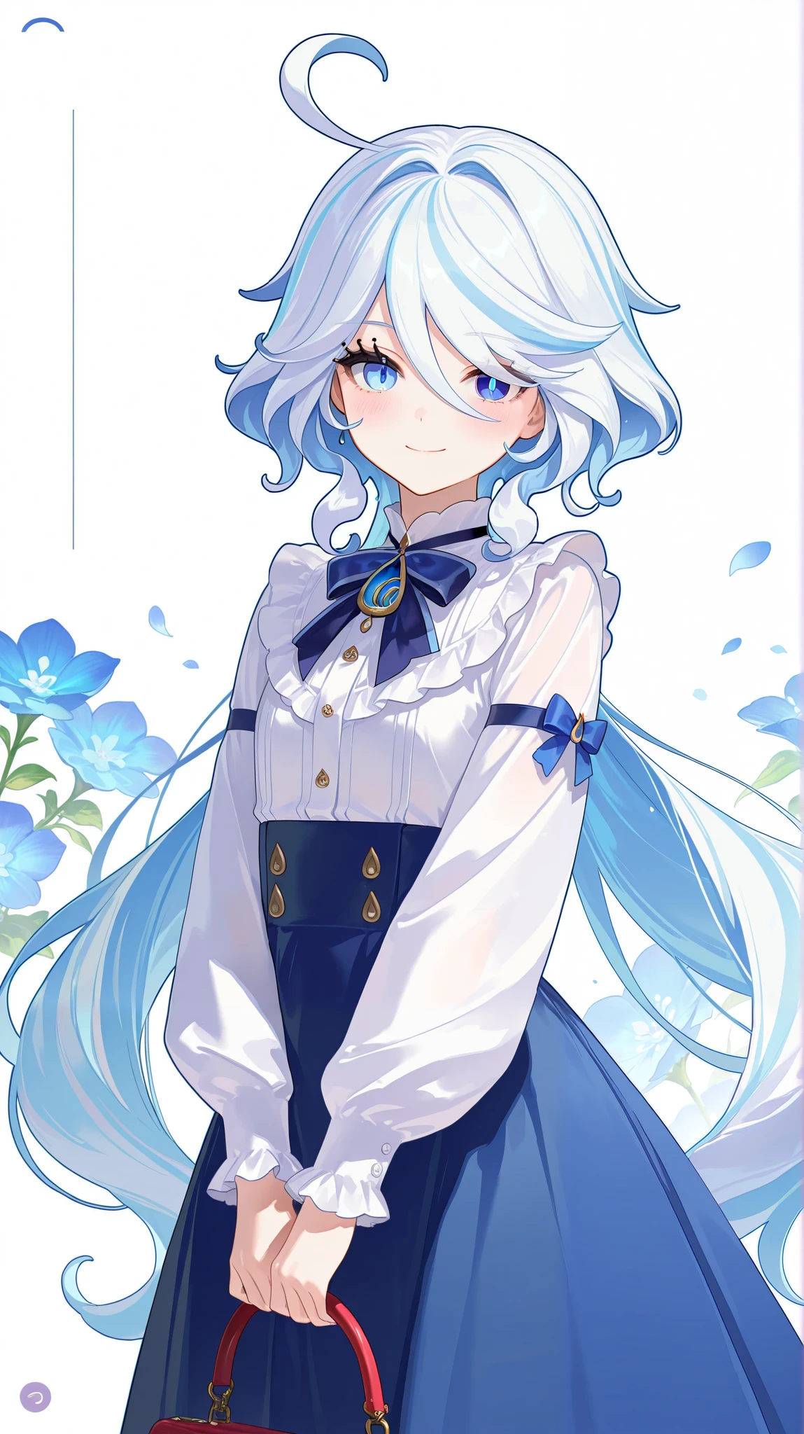 masterpiece, top quality, best quality, official art, beautiful and aesthetic:1.2),(8k, best quality, masterpiece:1.2), (((masterpiece))),(((best quality))),(((extremely detailed))), illustration, who, (masterpiece, top quality, best quality, official art, beautiful and aesthetic:1.2),(8k, best quality, masterpiece:1.2), furina_\(genshin_impact\), 1girl, solo, ahoge, skirt, blue eyes, alternate costume, blue hair, looking at viewer, long sleeves, floral background, smile, shirt, hair between eyes, white shirt, bow, hair ornament, blue skirt, multicolored hair, long skirt, frills, white background, high-waist skirt, flower, blue bow, blush, closed mouth, streaked hair, blue flower, heterochromia, bowtie