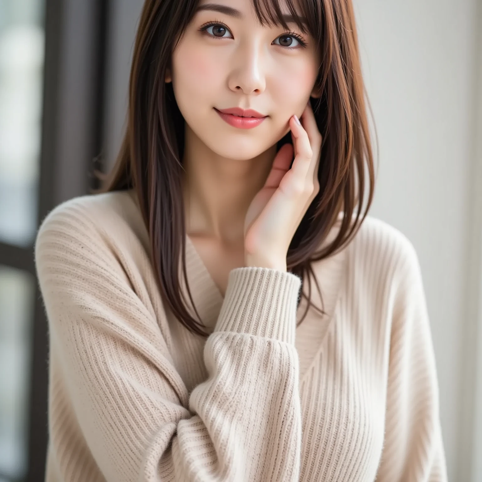 ((masutepiece,top-quality)), (photographrealistic:1.4),((masutepiece,8K)),hight resolution,Studio Soft Light, Rim Lights, vibrant detail, realistic skin textures,Japanese, 1 beautiful woman, Short hair, Wave hair, faint thin bangs, make - up, 38 years, Detailed skin, cardigan, wide-leg pants, White background, White Room,white walls, fully body photo, Looking at Viewer