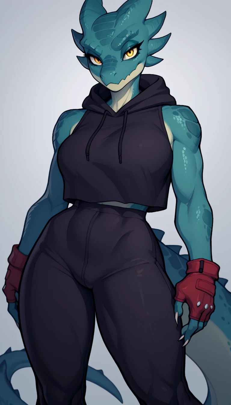 (masterpiece, best quality),1girl,medium hair,shaved hair,grey skin,tribal body tattoos,dark mage,fantasy,muscular, vermilion eyes,sliver hair,crop top,pantyhose,high top boots,indoor,tavern,tall medium breast starting at viewer smirking