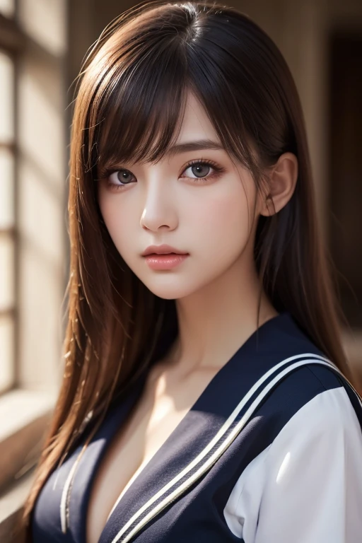 1girl, (Best Quality:1.4), (Ultra-detailed), (extremely detailed beautiful face), Amazing face and eyes, black eyes, black hair, (sailor uniform, school uniform:1.2), (cleavage), Smooth, extremely detailed CG unified 8k wallpaper, High-definition raw color photos, professional photograpy, Ray of light, Backlighting, Dreamy, Striking, depth of fields