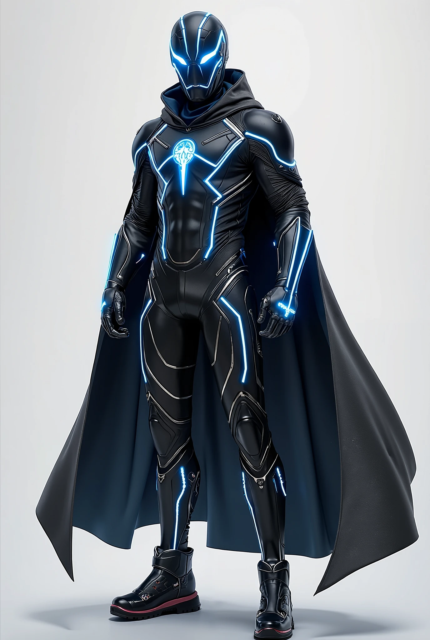 male ninja · Costume: Black tight suit, with neon blue glowing lines along the arms and legs, with a cloak or jacket that has a translucent reflective ability.
· Accessory: Headphones with integrated technology, protective mask with digital display details, and compact, wrist-worn audio transmitters.