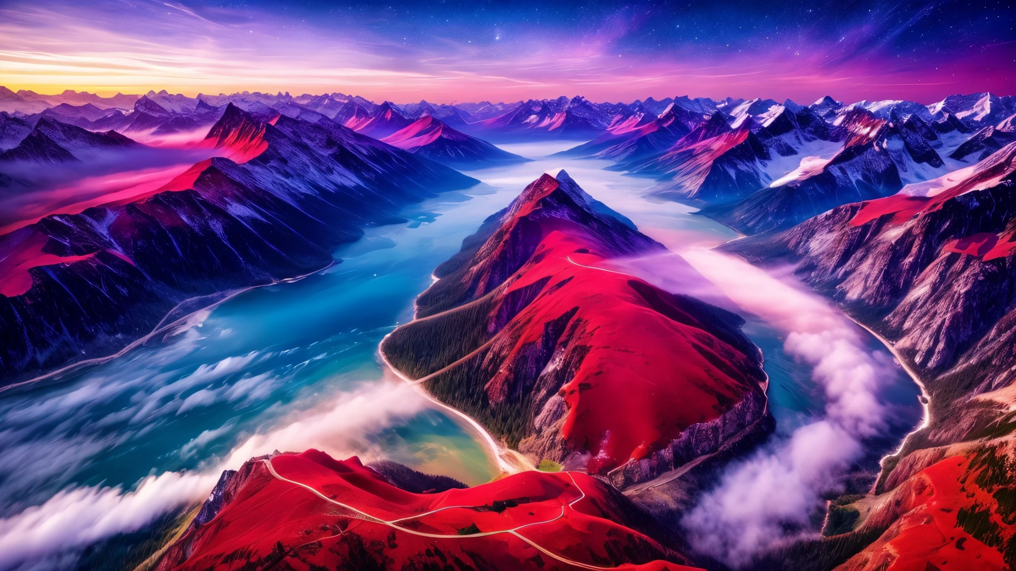 best quality, masterpiece, Beautiful Wild Natural Fantasy Scenery with Shining Light,Spectacular nature ,Delicate Natural Atmosphere,Majestic scenery shining in red and purple,Aerial view,