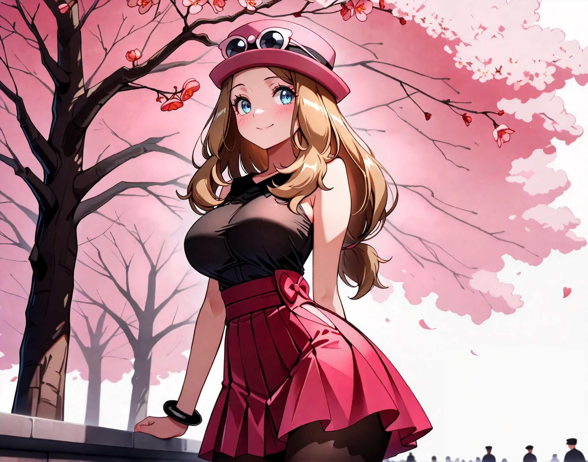 masterpiece, better quality,,,to break, ZZSerena , Alone, long hair, blue eyes, glasses in headwear, pink hat, eyelash, sleeveless shirt, black shirt, bracelet, high-waisted skirt, red skirt, black tights, side view, looking at the viewer, smile,,, blooming stars, luminescent petals, fragrance from another world blurred background, ((masterpiece1.5)),High quality, hyper detailed , perfect design , a girl in,(( Bigger Breasts)),kawaii , With smiley eyes 、(beautifully embroidered)。.。.3d,16K Illustrations,((Clean face)),high resolution,nice background、(((beautiful backgrounds)))、((( detailed drawing )))、Perfect and Beautiful Girl、(((Perfect picture)))、Approximately.、bright、a beautiful、high-class sense、(((pink seduction background)))、( thin waist)、de High quality、[ red face、masterpiece,High quality, hyper detailed , perfect design ,。.。.。.3d,16K Illustrations、high resolution、1 person、 Japanese girl、Cute even with your eyes closed、((Plum Blossoms))、((Peach Flowers from behind))、((cherry))、 back view 、 detailed drawing 、better quality, Capture super cute moments, Depth of field, soldier, high resolution, C4D, Octadale, 。.Modelagem 3d, Delicate and Detailed Representation、Taking, diagonally from the bottom、((Outside))、superclaro、full of charm.