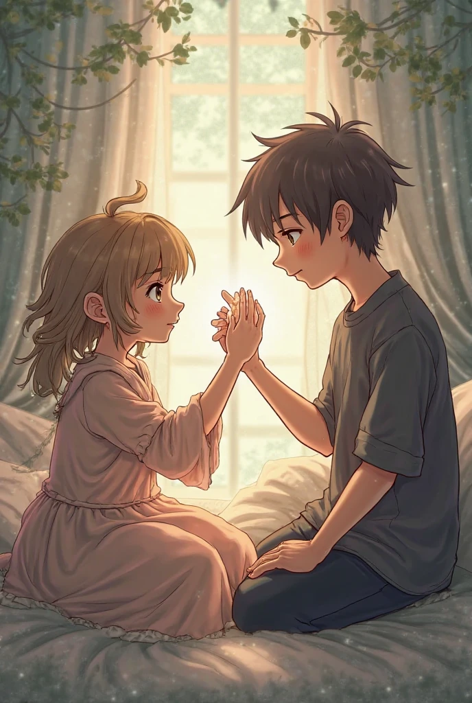 Beautiful anime girl looking at her 12 year old brother's cock