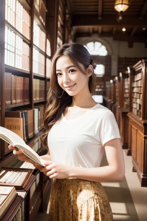 (8k, RAW photo, best quality, masterpiece:1.2), (realistic, photo-realistic:1.4), (extremely detailed 8k wallpaper),korean 20 age woman, The image captures her surrounded by shelves of books, emphasizing her intellectual curiosity and the quaint charm of the bookstore,cute face,A woman who looks good with a smile,bewitching hair,reading a book happily,(sexy costume),One-shoulder dress,A smile that invites others,Twintails