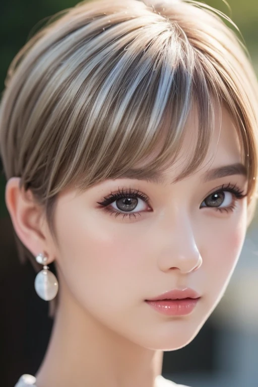 top-quality、masterpiece、超A high resolution、(Photorealsitic:1.5)、Raw foto、1girl in、murky、deep-shadows、Unobtrusive、cold light、sexy appearance、shorth hair、((very_short_hair))、((Luxury evening dresses))、((Luxurious painting))、((Luxurious necklace))、((Floral hair ornament))、((hair_ornament))