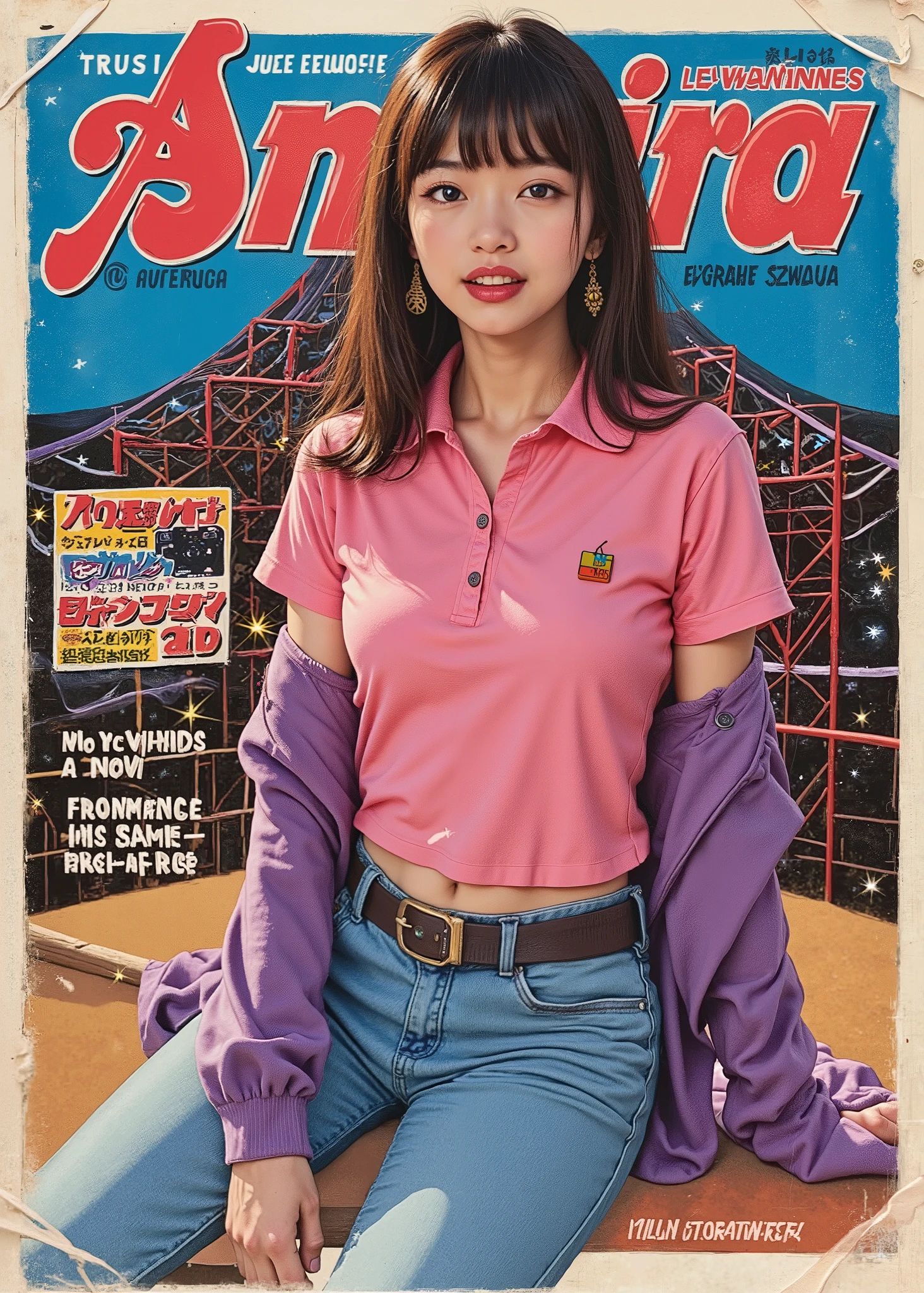Vintage 80s Fashion Magazine、One Japanese Female Idol、("pop music "A magazine that says) , (Pink Polo Shirt with Jeans、Wrap a Purple Sweatshirt Sleeve Around Your Waist)Retro 80s Idol, Classic Oriental Asian Style Comics fonts, Stroke Embossed Border, Torn cover, Worn, Collector's Item, Show Price and Publisher's Logo, Female Pop Singer, Bold colors, details, Vivid and Sparkling Colors , details, complicated , Watercolor paints, medium contrast, rich, Brilliant Lighting , Classic Comic Aesthetics,
