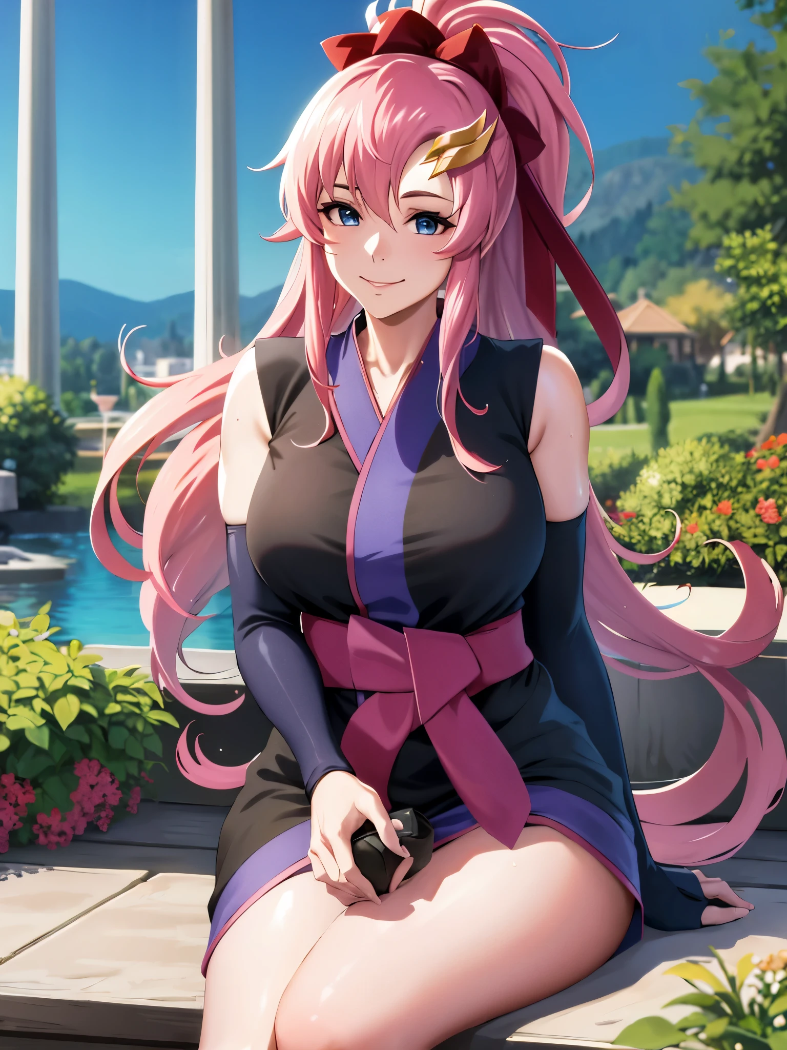 show me your armpits,wet skin,Chest Valley,masterpiece, highest quality, High Resolution, lake 3 , one girl, alone, lake 3 , pink hair near MM, Short kimono, blue eyes, hair ornaments close to the garden, very long hair, black sleeve, sleeveless, kimono, bow, Black kimono, hair bow, ponytail, floating hair with hands, Between the eyebrows, Big Breasts, sitting, seat , spaceship, smile,